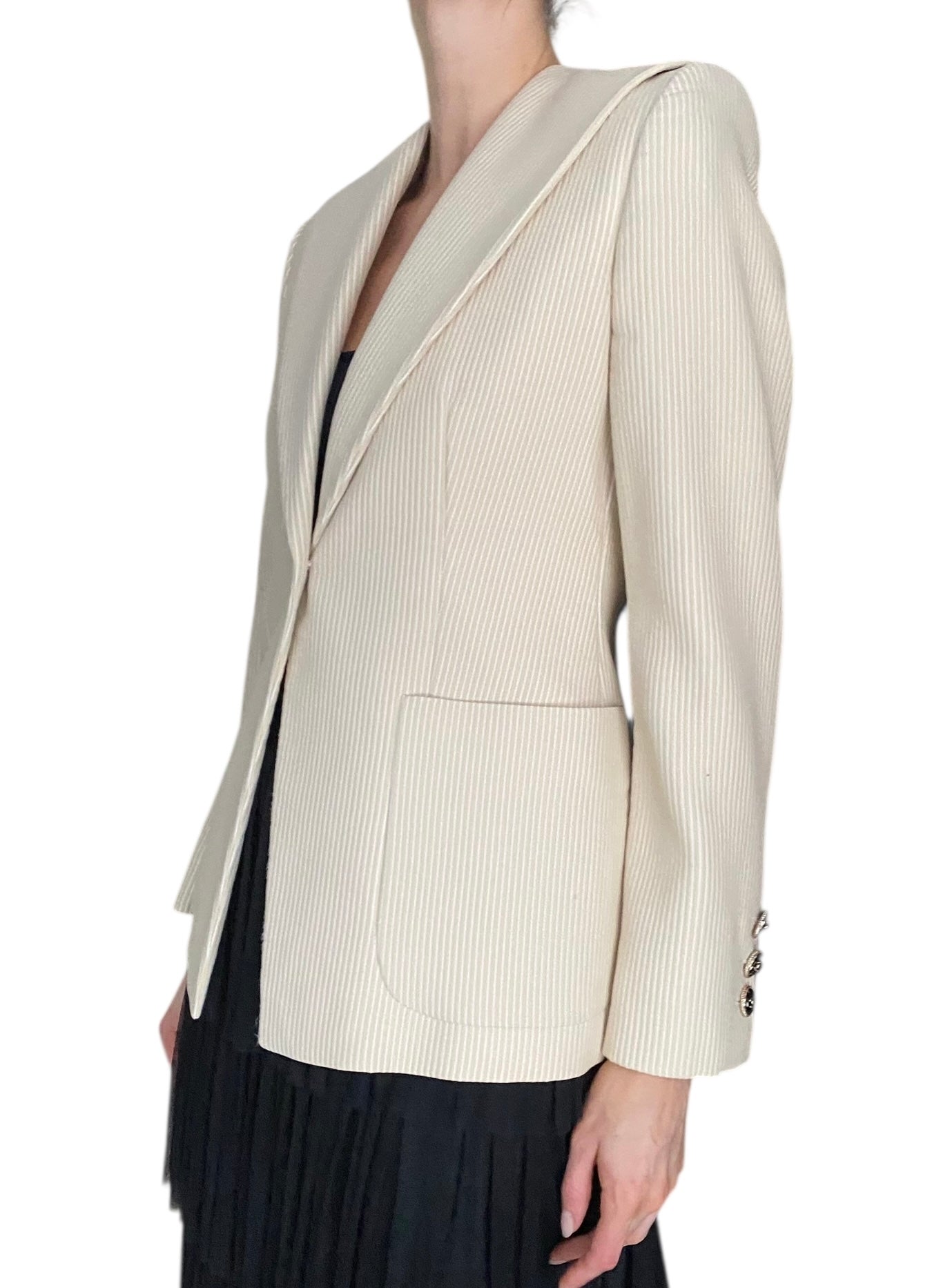 Chanel 01P Vintage Corduroy Textured Ivory Blazer with Black Buttons - S (4/6)