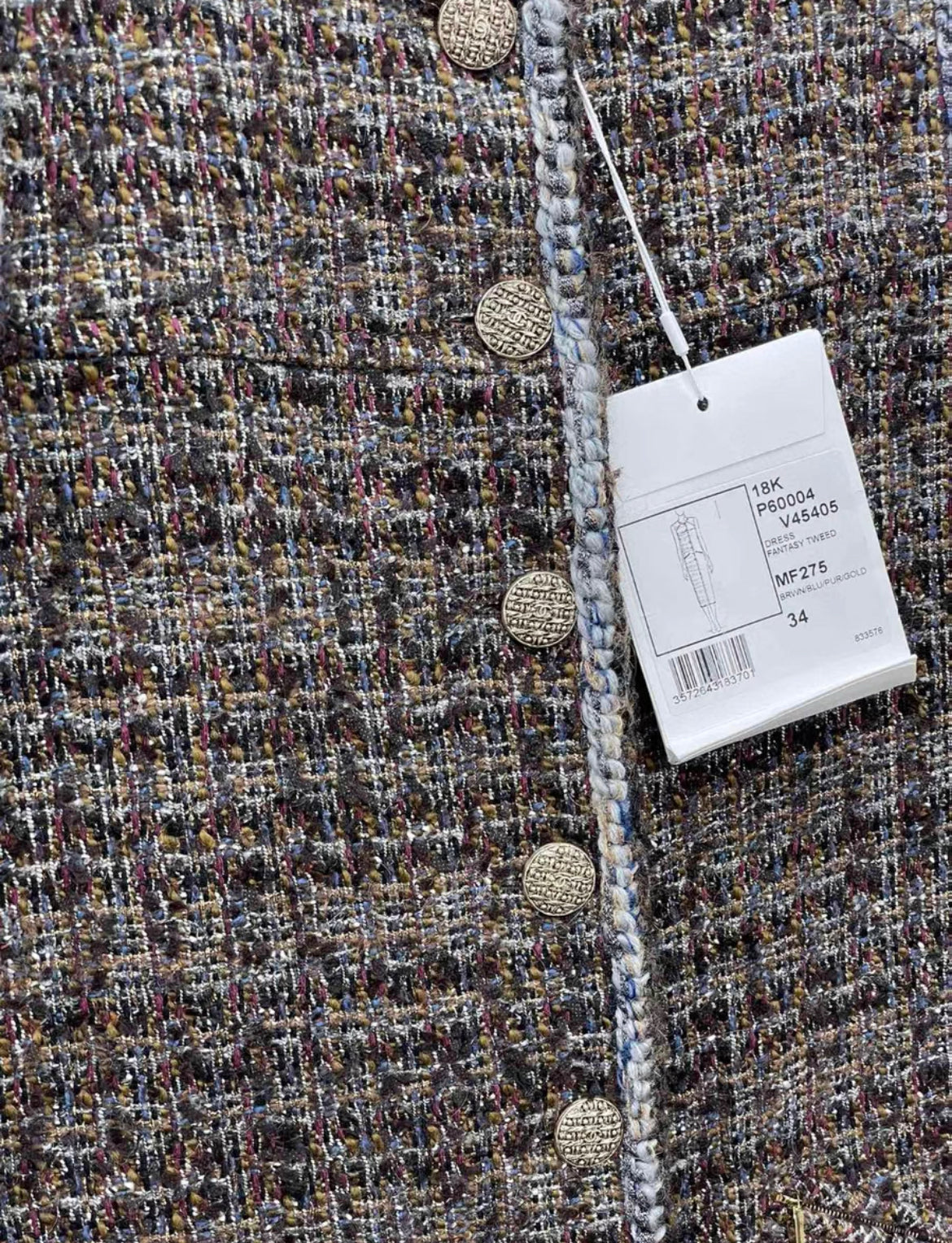 Chanel 18k Dress Fantasy Tweed Brown/Blue/Gold size 34 Brand new with tags on