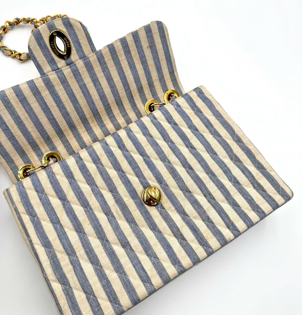 Chanel Vintage 1990s Jumbo Blue and White Striped Linen and Cotton Classic Flap Bag