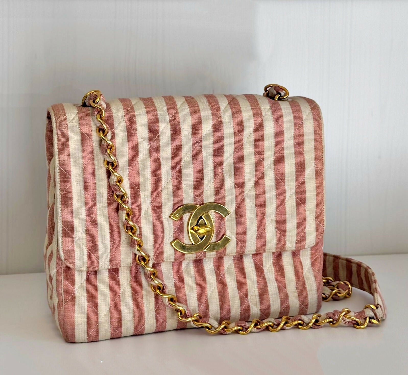 Chanel Vintage 1994-1996 White and Pink Striped Large Flap Bag