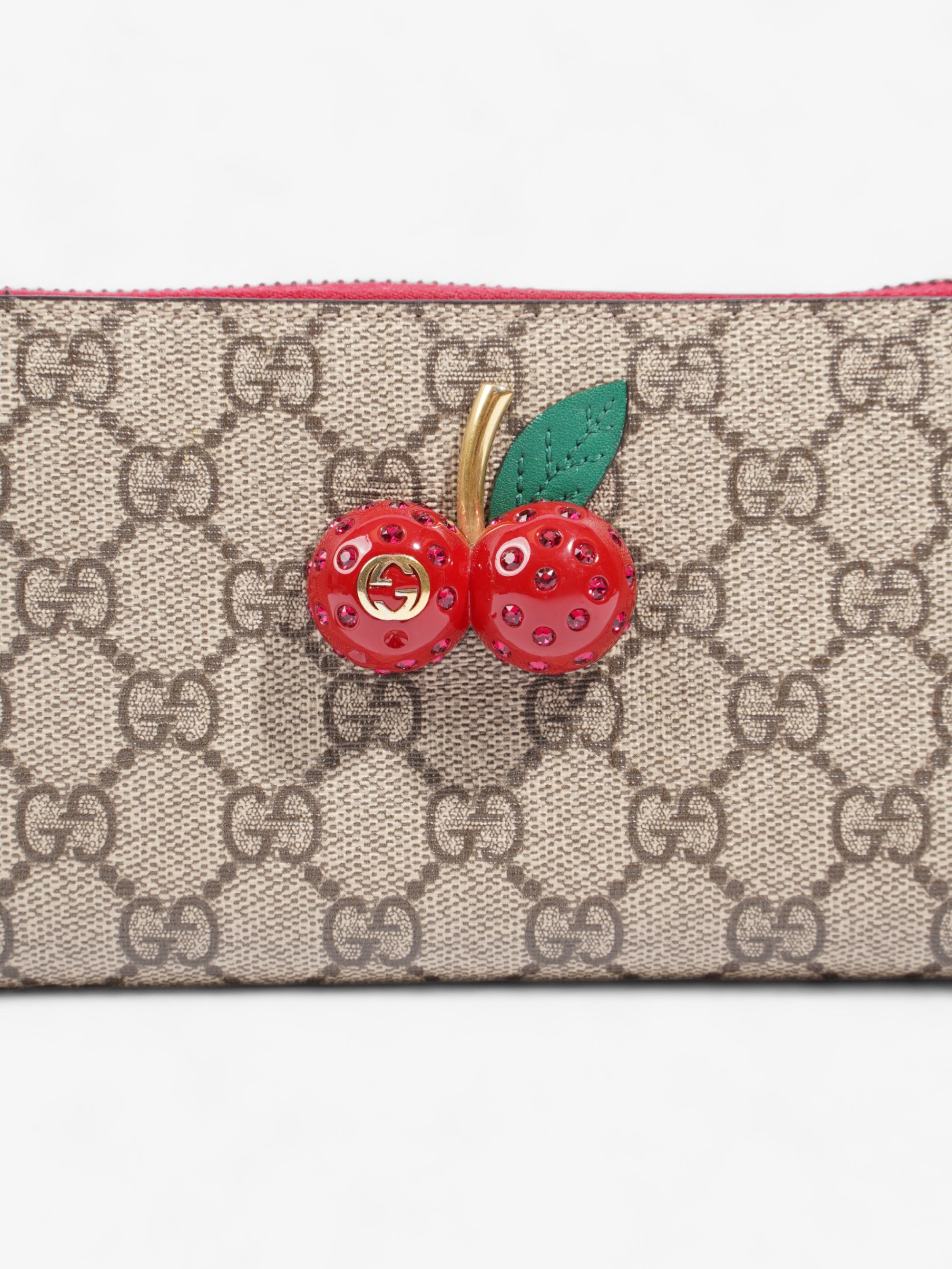 Gucci Zip Around Cherry Wallet Beige And Ebony GG Supreme / Red Coated Canvas