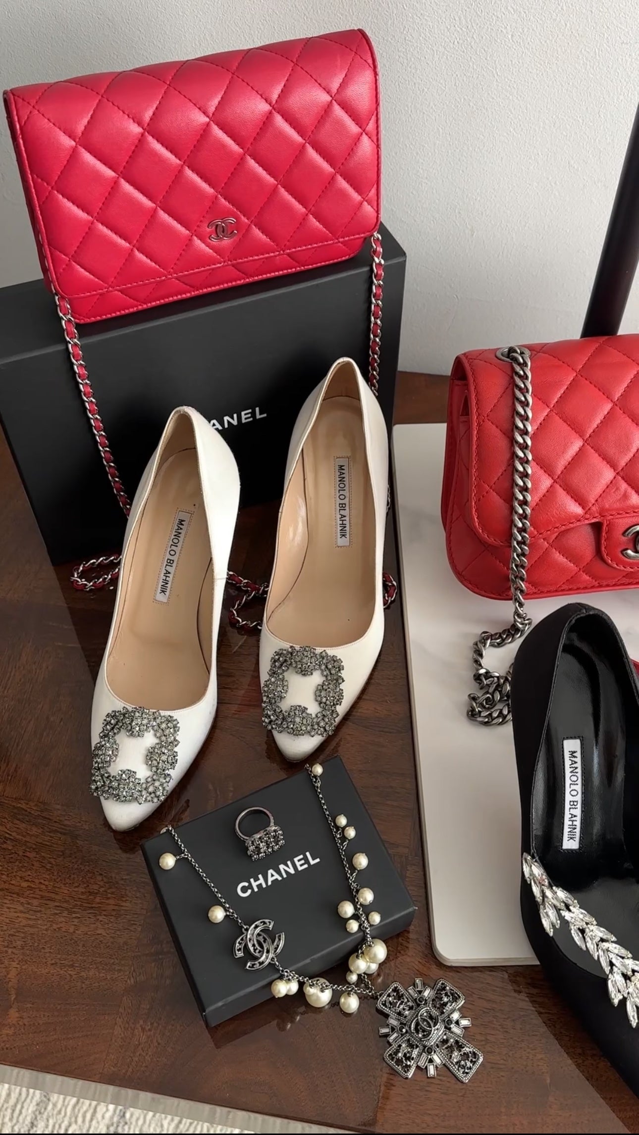 Chanel Timeless Classic Red Quilted Wallet on Chain with Enamel CC