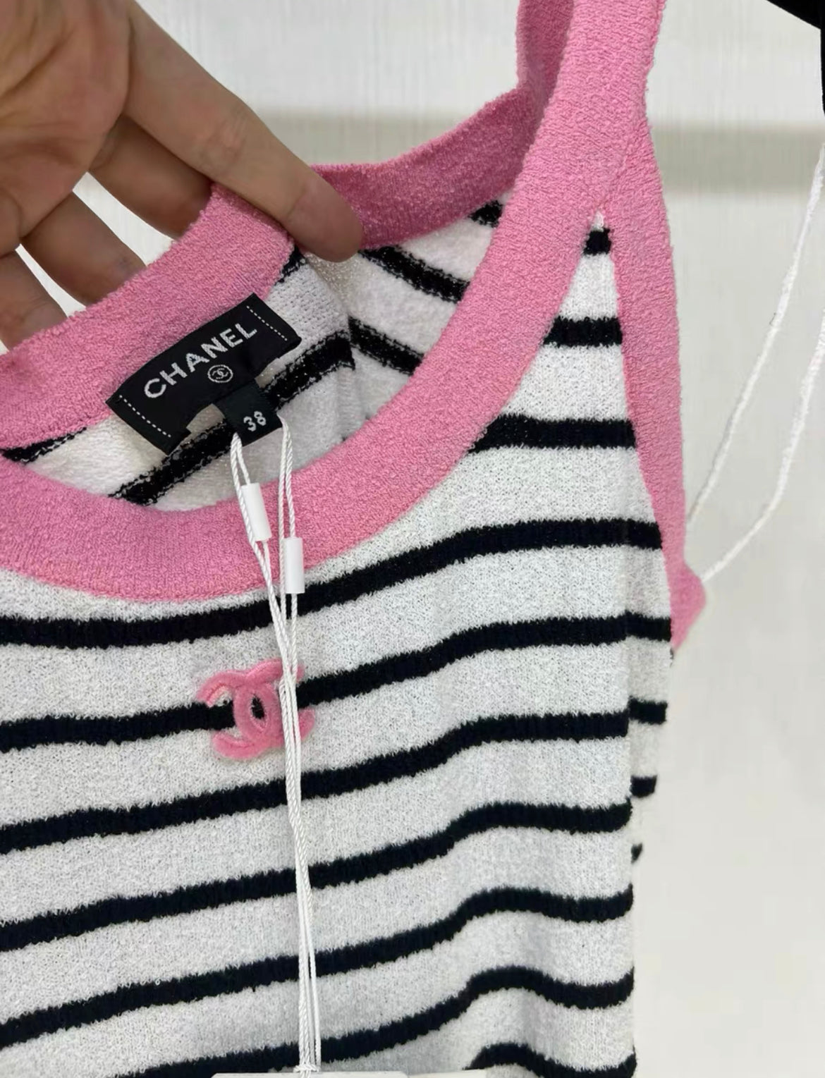 Chanel 24S striped terry fabric double C logo pink dress Brand new with tag size 38