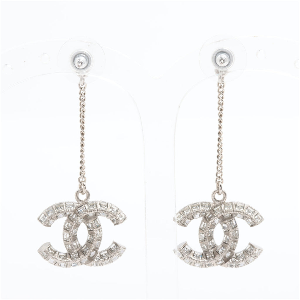 Chanel Coco Logo Silver Double sided Rhinestone Drop Earrings Costume Jewellery