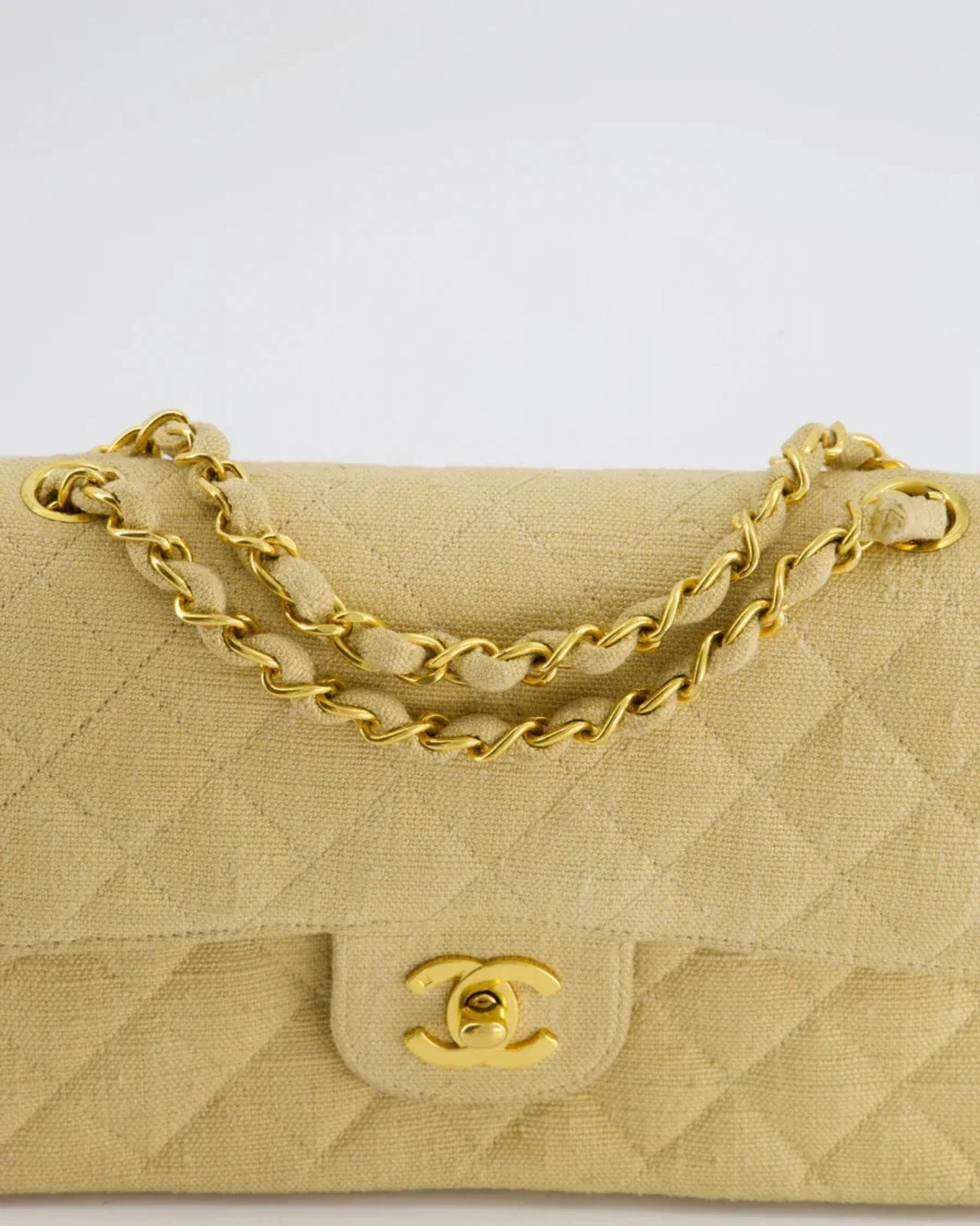 Chanel Vintage Beige Small Fabric Double Flap Bag with 24K Gold Hardware
