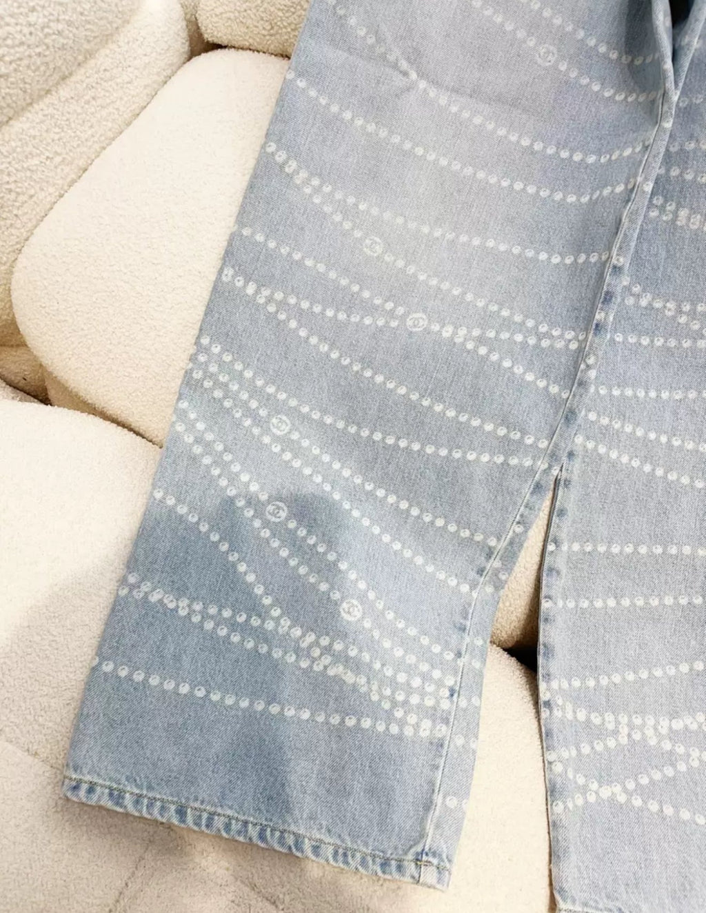 Chanel 25P Light Blue Denim Pearl Print CC Logo Baggy Jeans
