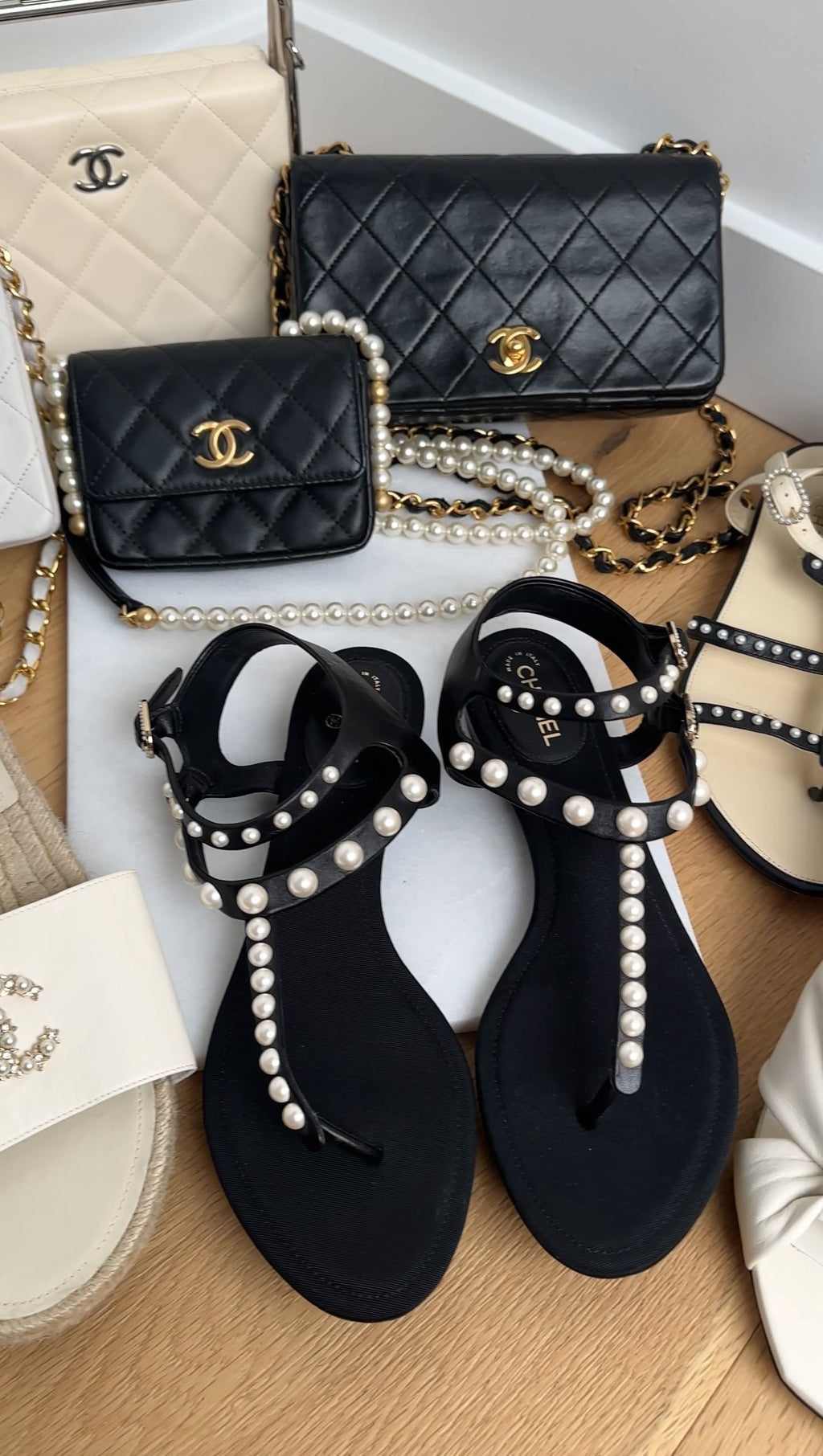 Chanel SS16 Black Grosgrain Faux Pearl Thong Flat Sandal - 37.5