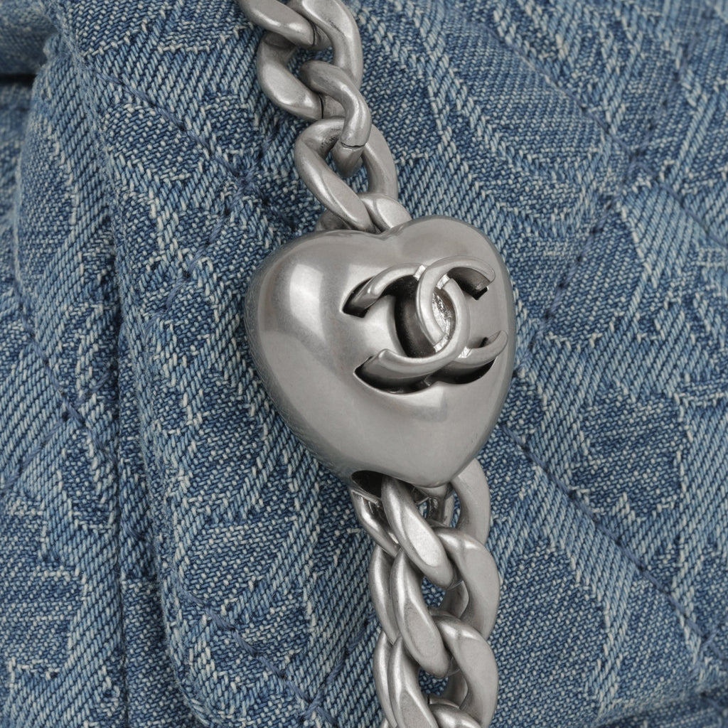 Chanel Mini Rectangular Camellia Crush - Blue Embroidered Denim | Silver Hardware