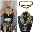 Iconic Vintage Chanel 93P Jumbo Gold Chain CC Logo Black Leather Belt Necklace