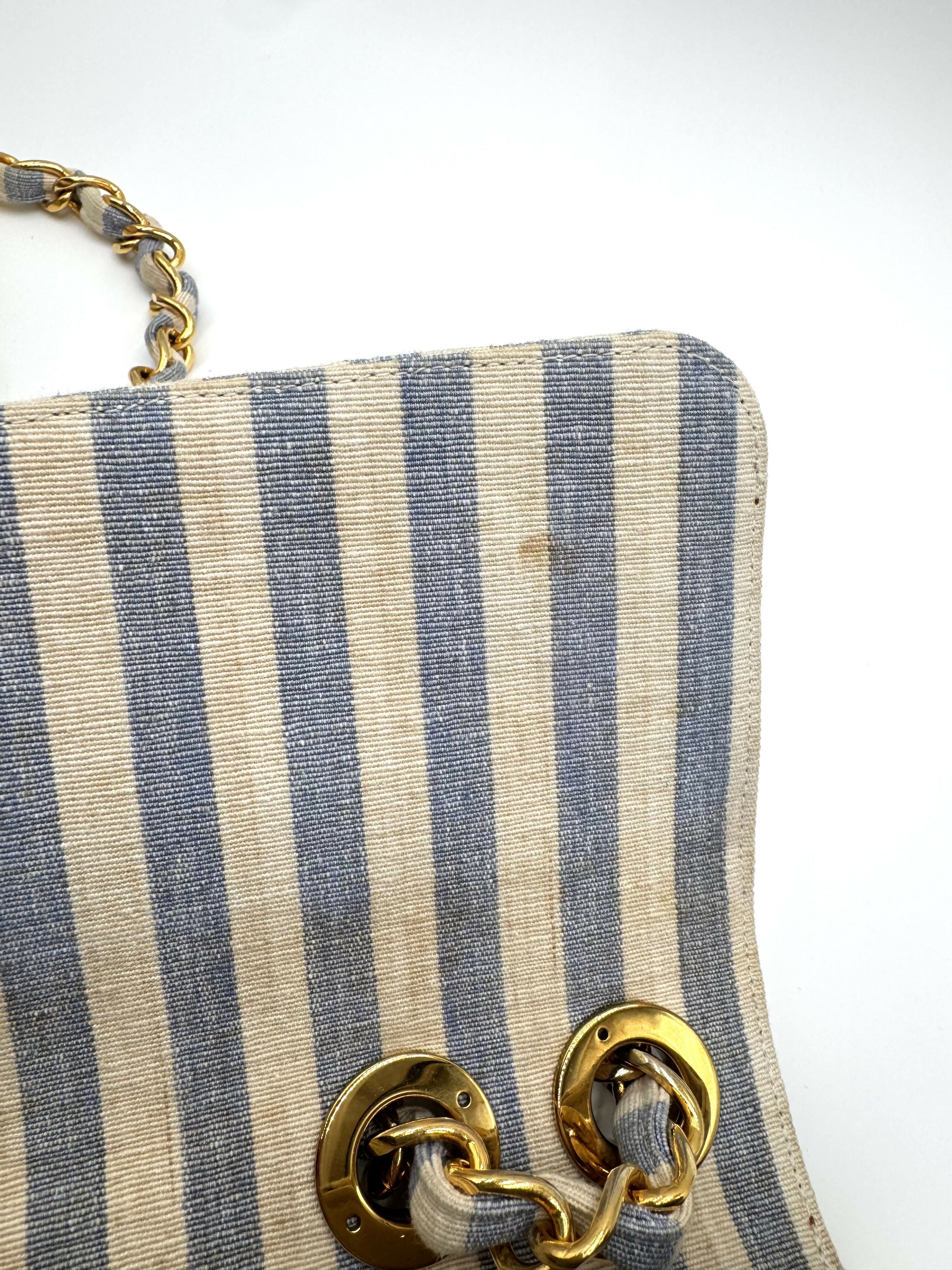 Chanel Vintage 1990s Jumbo Blue and White Striped Linen and Cotton Classic Flap Bag