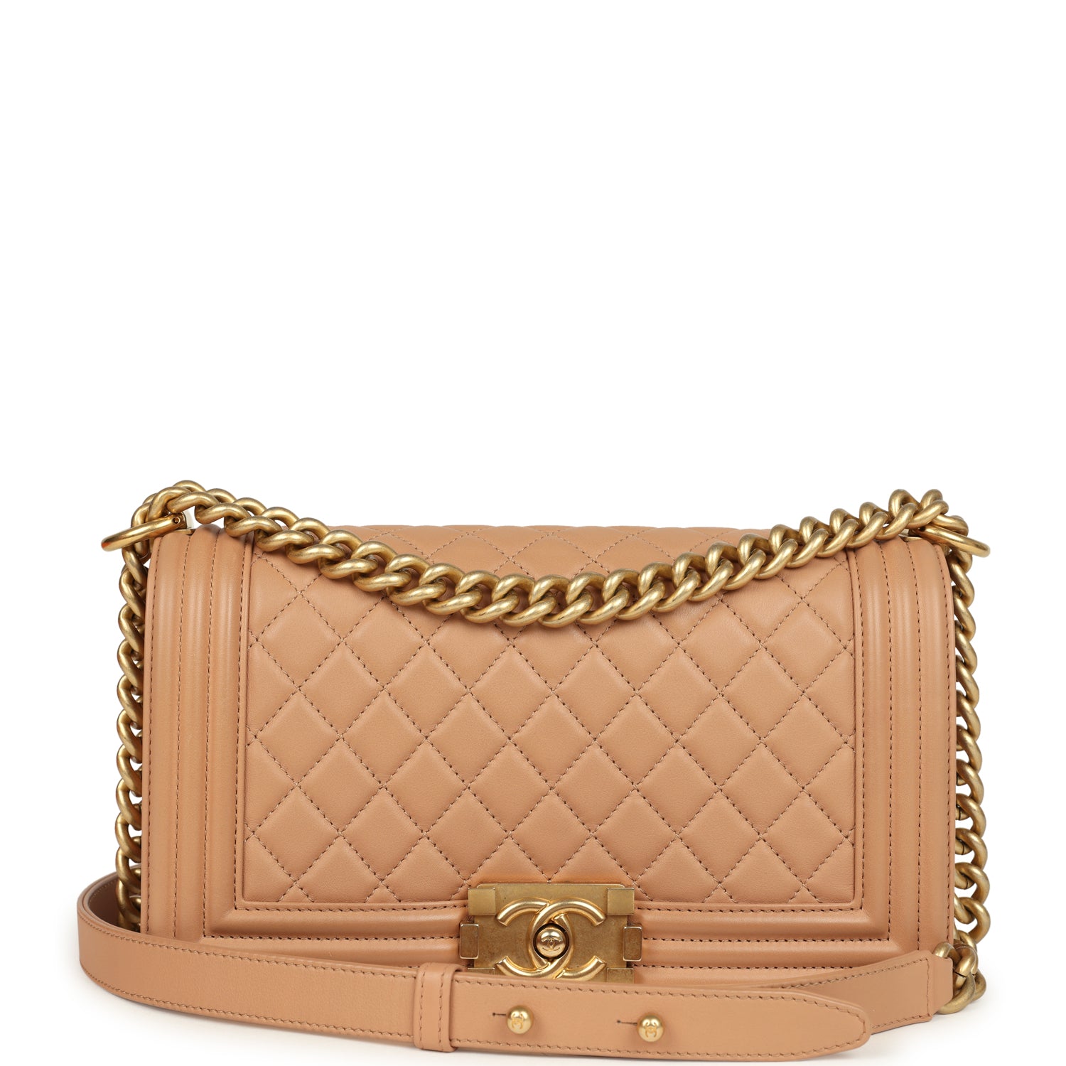 Pre-owned Chanel Medium Boy Bag Dark Beige Lambskin Antique Gold Hardware