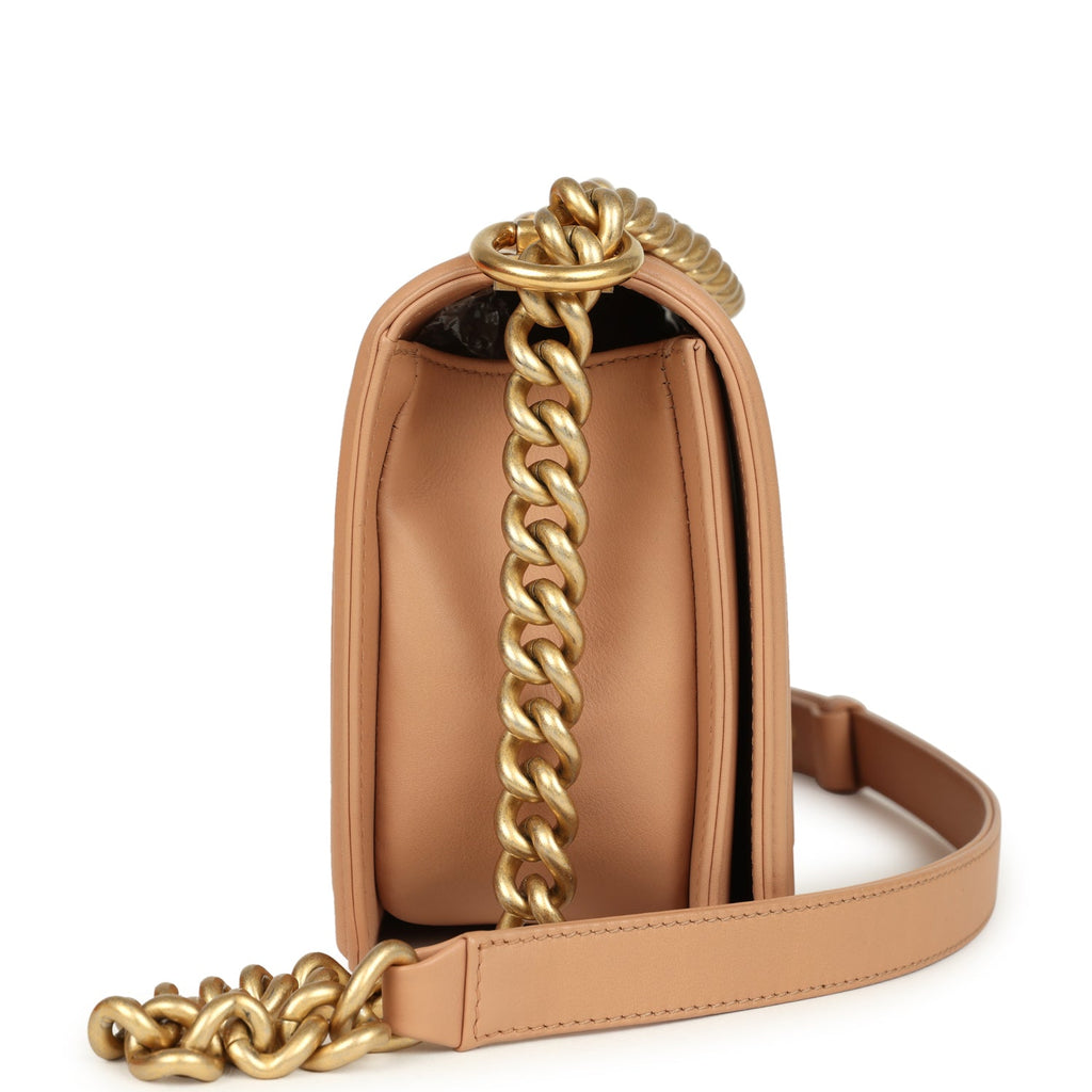 Pre-owned Chanel Medium Boy Bag Dark Beige Lambskin Antique Gold Hardware