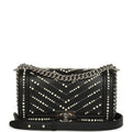 Chanel Medium Boy Bag Black Pearl Chevron Calfskin Silver Hardware