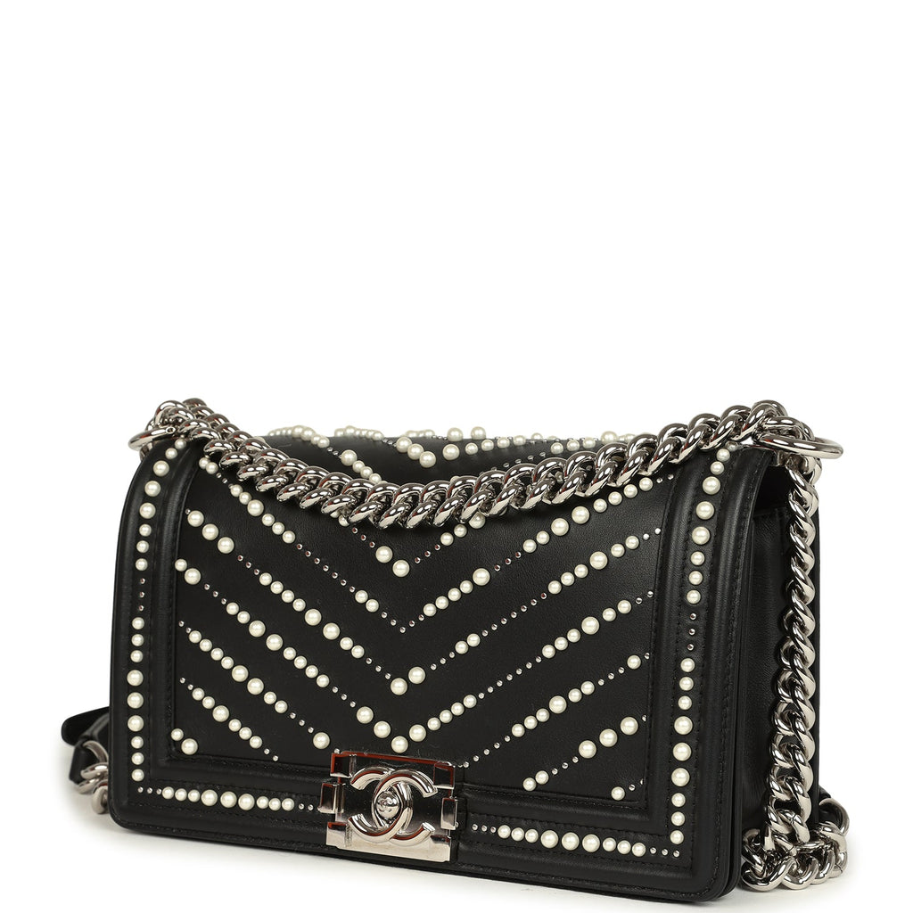 Chanel Medium Boy Bag Black Pearl Chevron Calfskin Silver Hardware