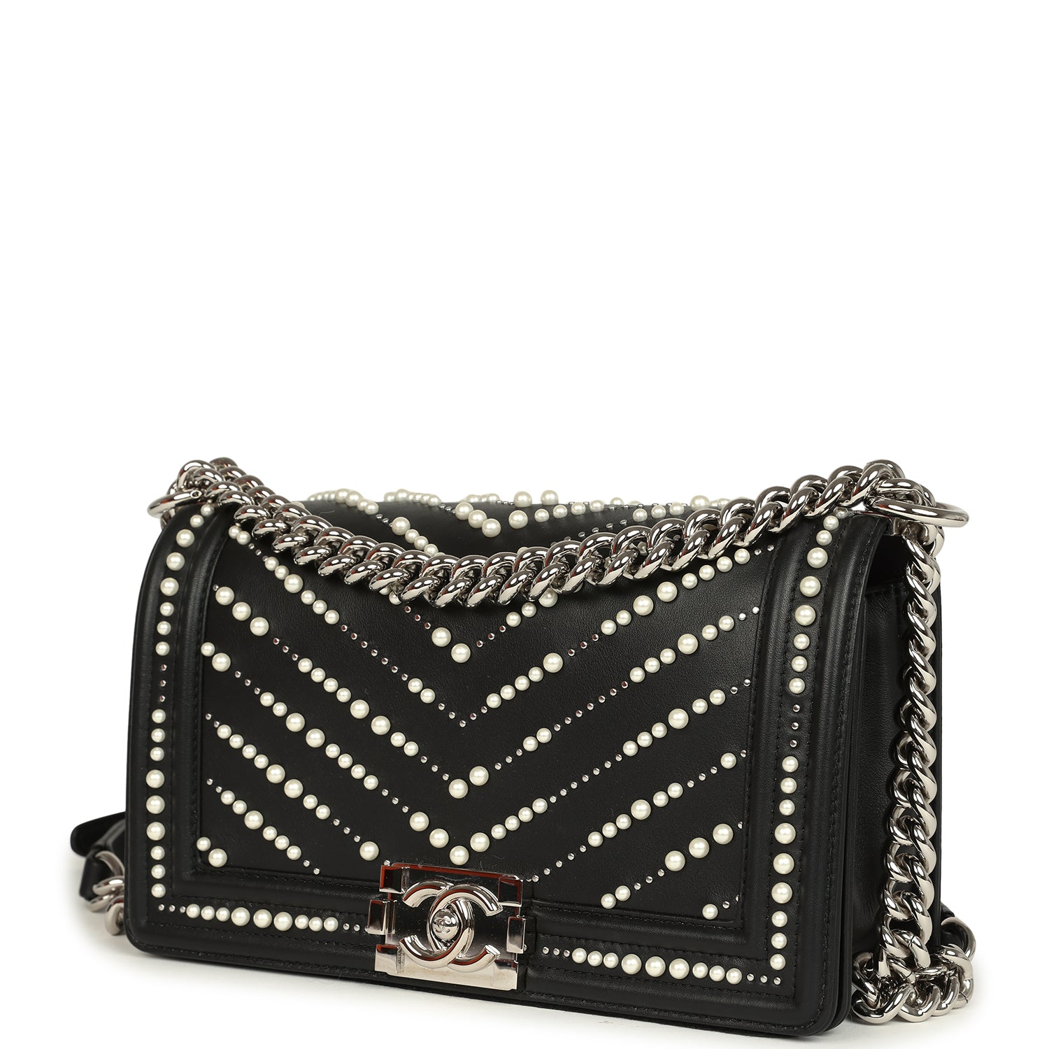 Chanel Medium Boy Bag Black Pearl Chevron Calfskin Silver Hardware