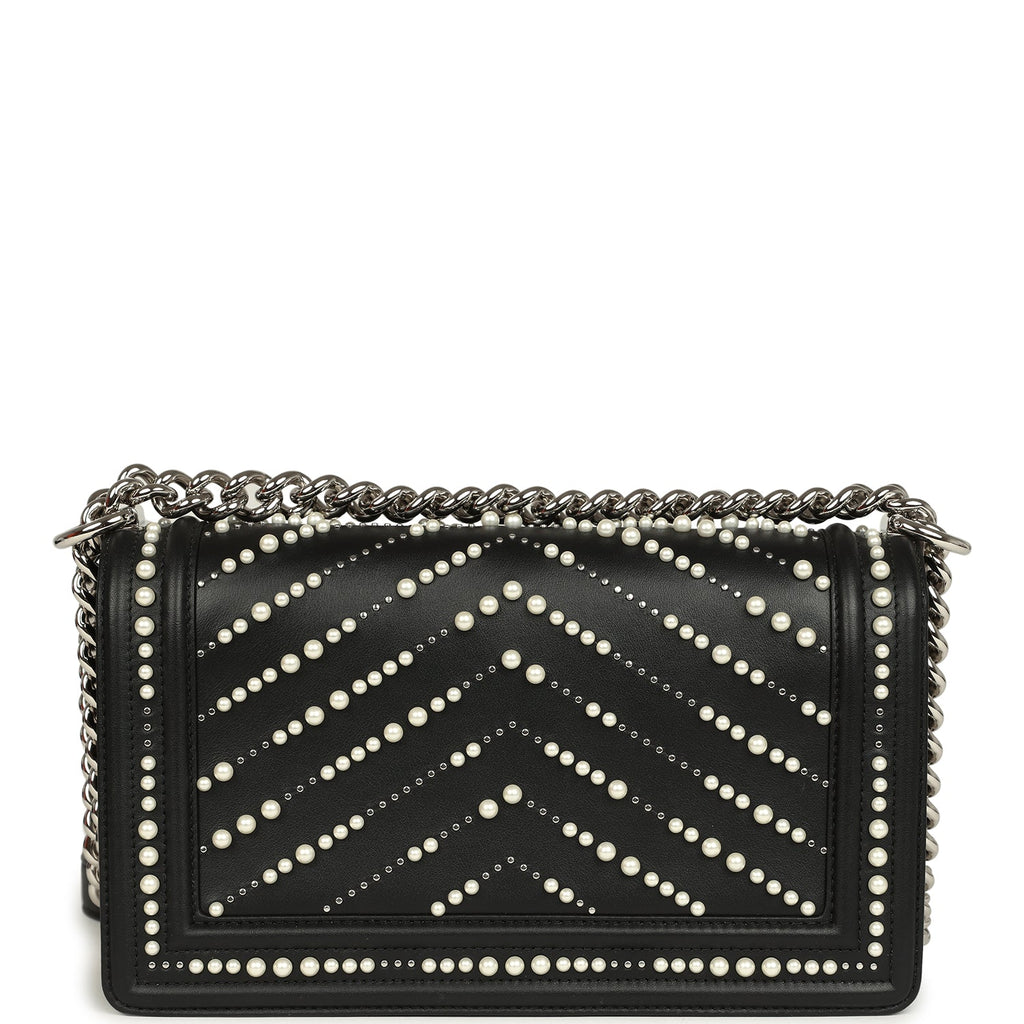 Chanel Medium Boy Bag Black Pearl Chevron Calfskin Silver Hardware