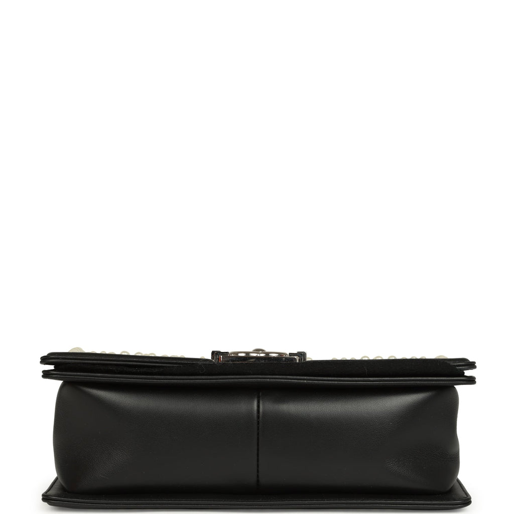 Chanel Medium Boy Bag Black Pearl Chevron Calfskin Silver Hardware
