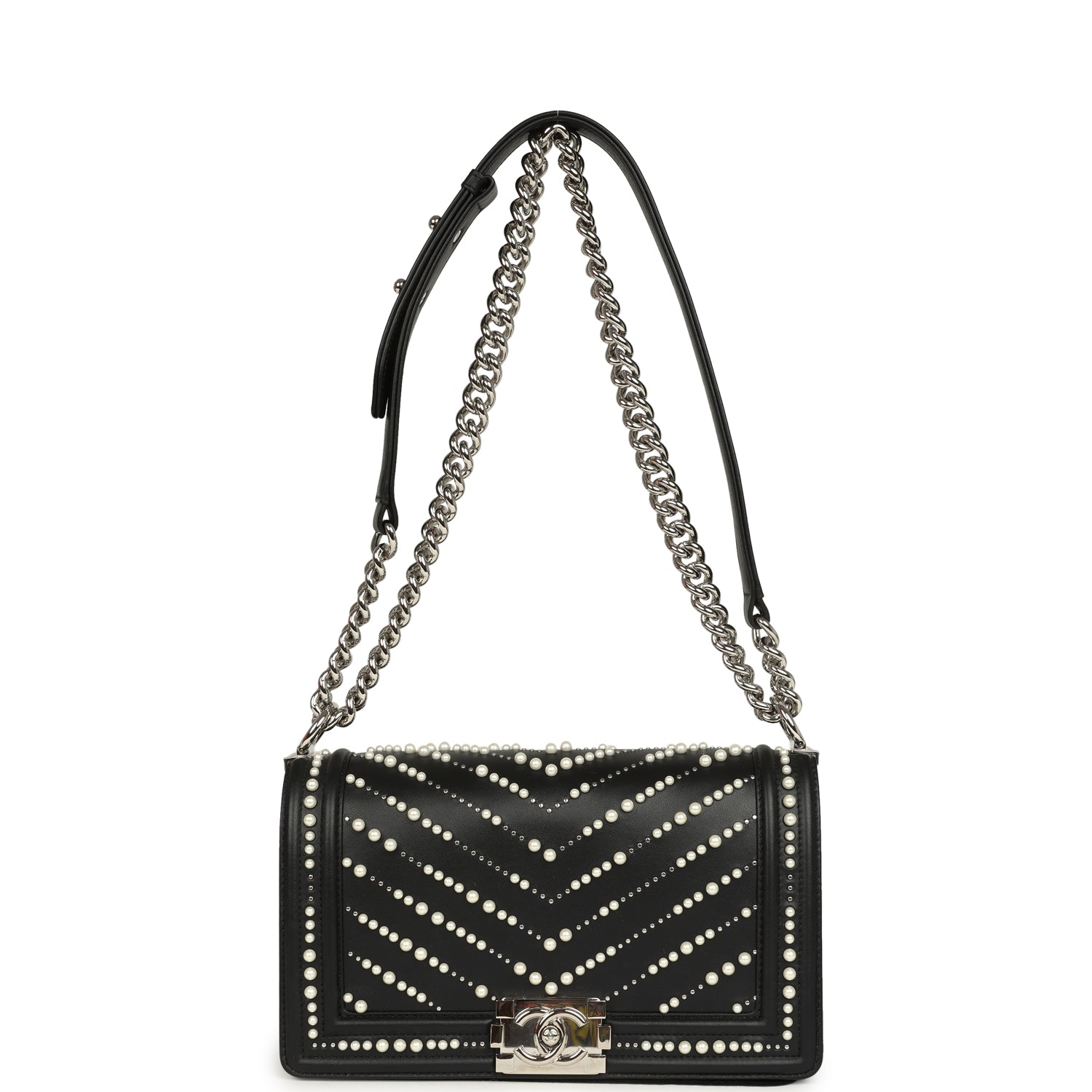 Chanel Medium Boy Bag Black Pearl Chevron Calfskin Silver Hardware