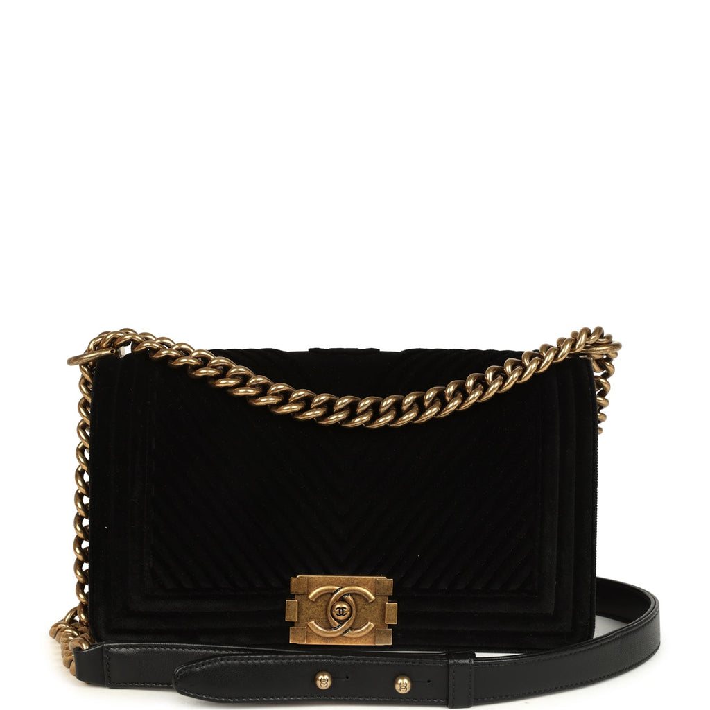 Pre-owned Chanel Medium Boy Bag Black Chevron Velvet Antique Gold Hardware