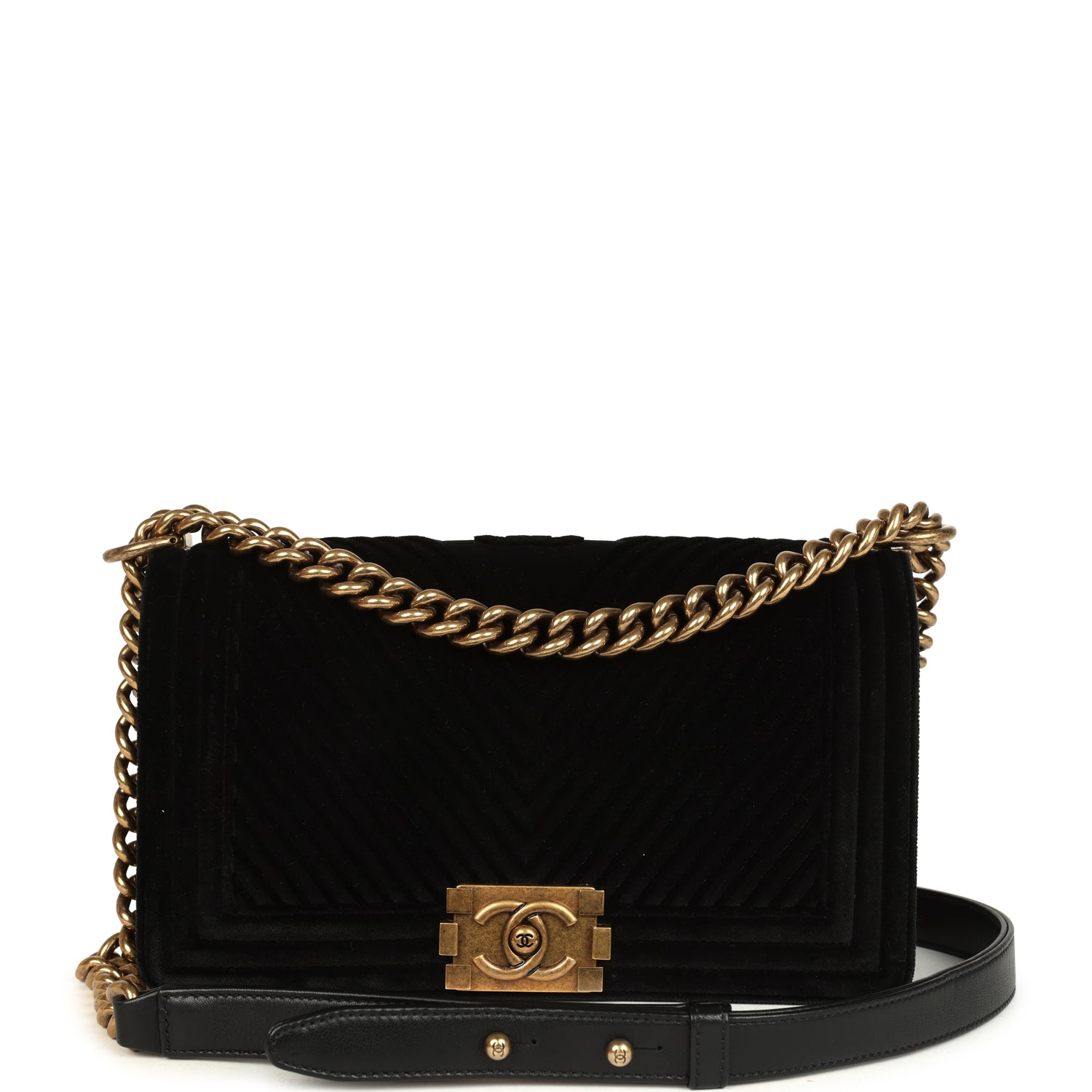 Pre-owned Chanel Medium Boy Bag Black Chevron Velvet Antique Gold Hardware