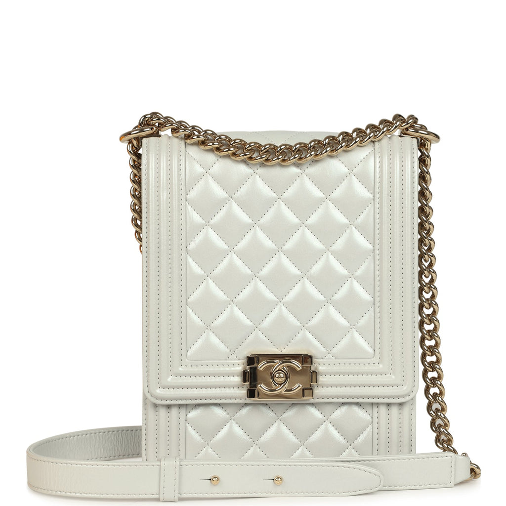 Pre-owned Chanel North South Boy Bag Light Grey Iridescent Calfskin Light Gold Hardware