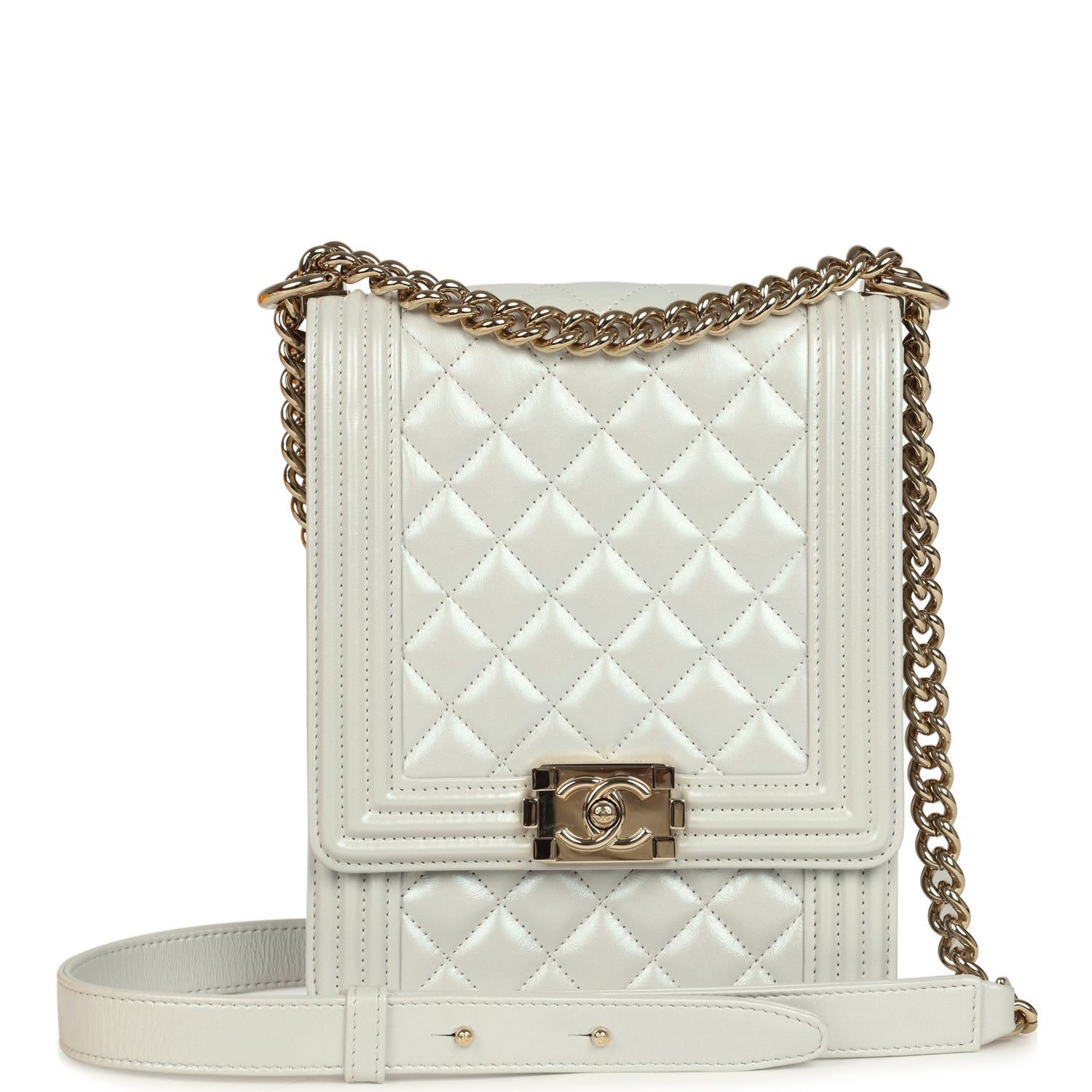 Pre-owned Chanel North South Boy Bag Light Grey Iridescent Calfskin Light Gold Hardware
