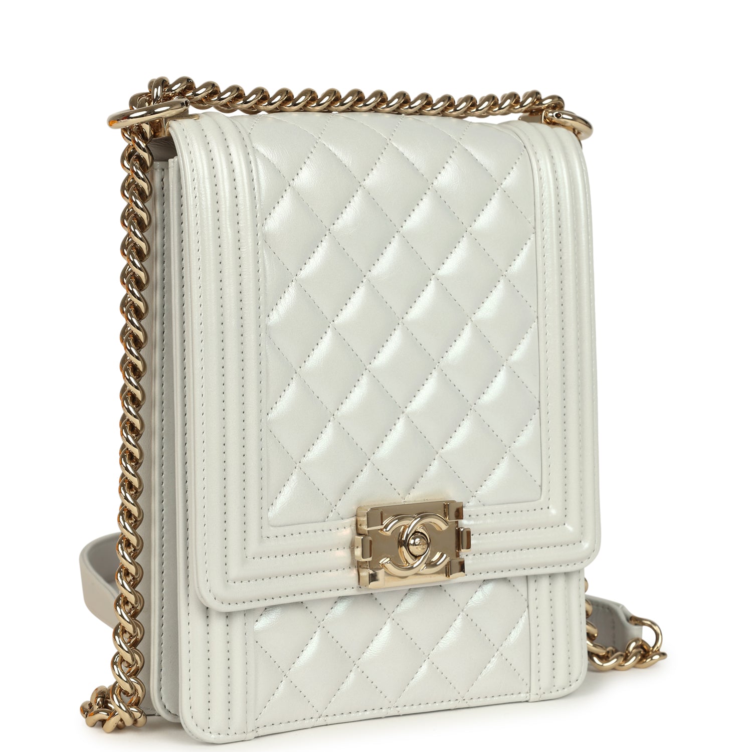 Pre-owned Chanel North South Boy Bag Light Grey Iridescent Calfskin Light Gold Hardware