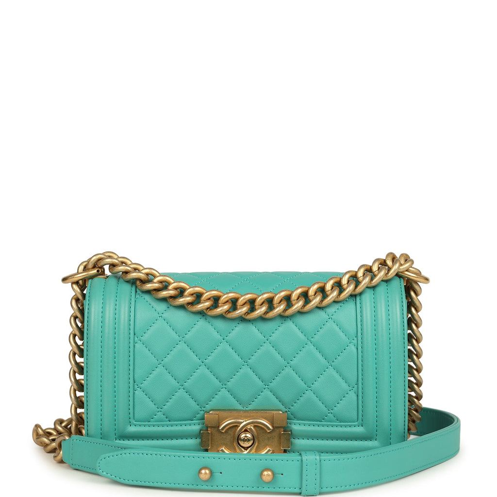 Pre-owned Chanel Small Boy Bag Turquoise Lambskin Antique Gold Hardware