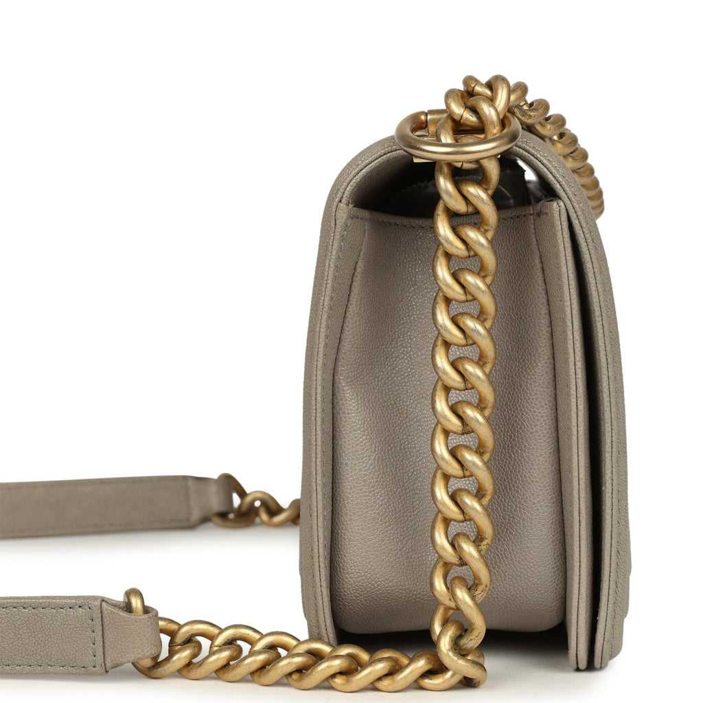 Pre-owned Chanel Medium Boy Bag Taupe Caviar Antique Gold Hardware