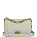 Pre-owned Chanel Medium Chevron Boy Bag Light Blue Caviar Antique Gold Hardware