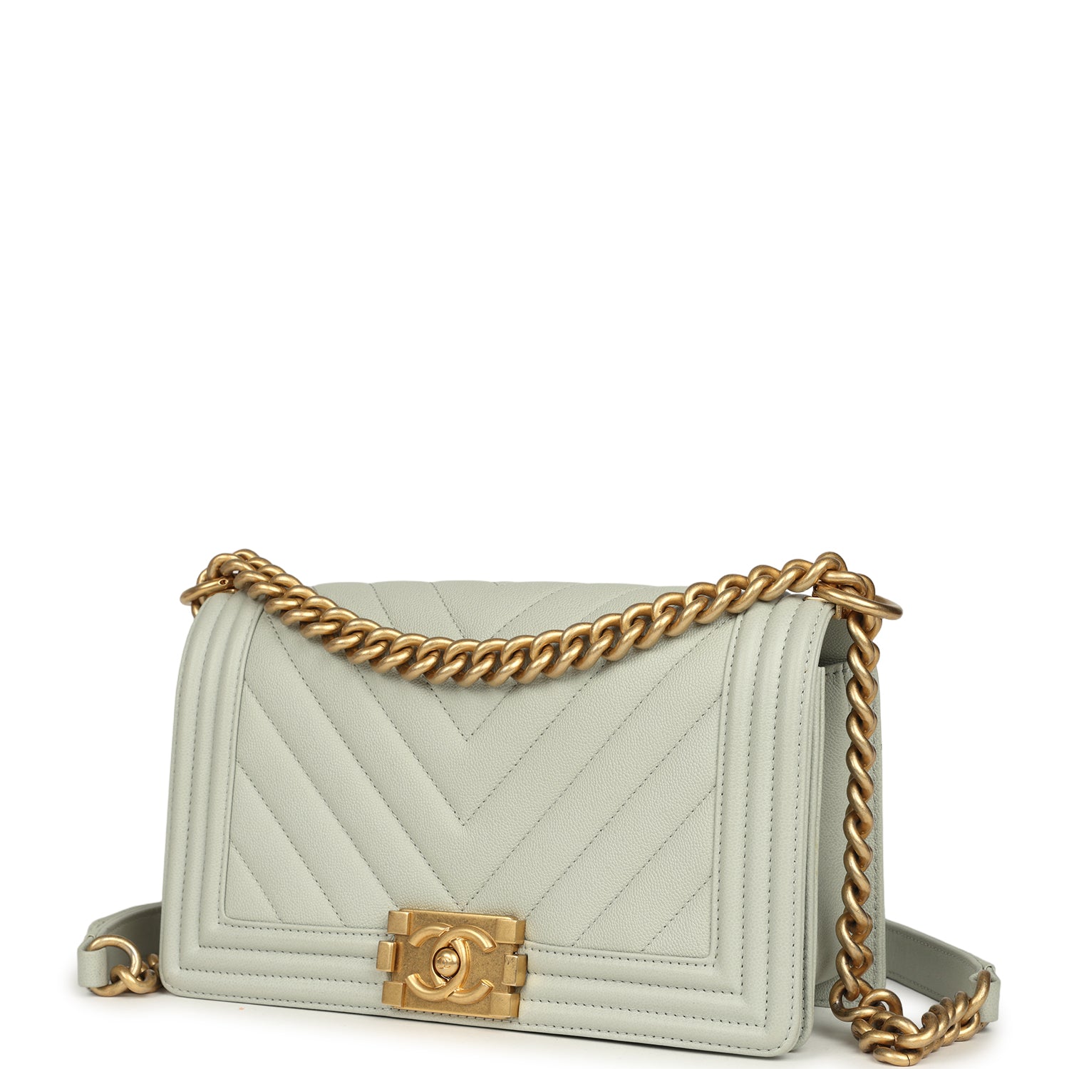 Pre-owned Chanel Medium Chevron Boy Bag Light Blue Caviar Antique Gold Hardware