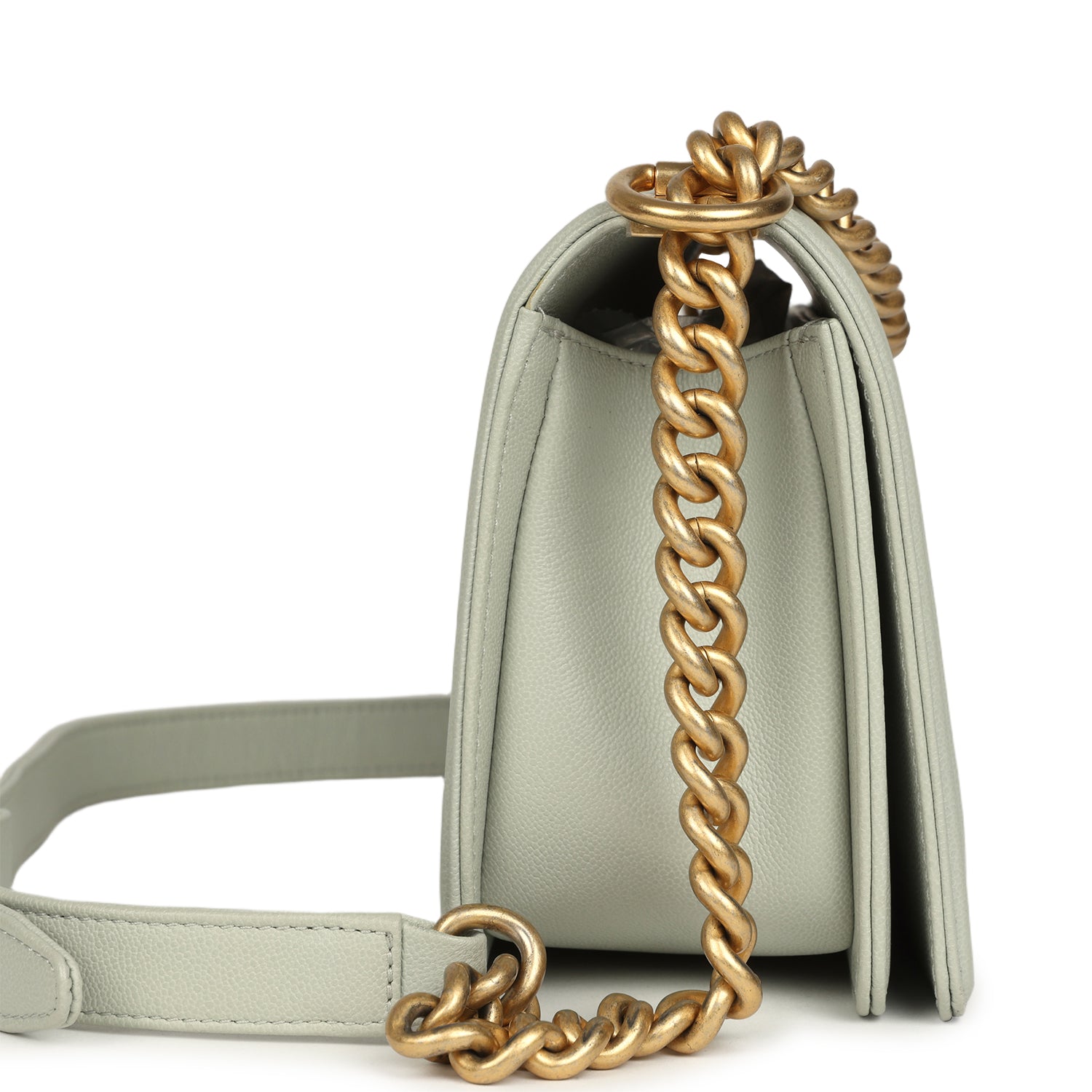 Pre-owned Chanel Medium Chevron Boy Bag Light Blue Caviar Antique Gold Hardware