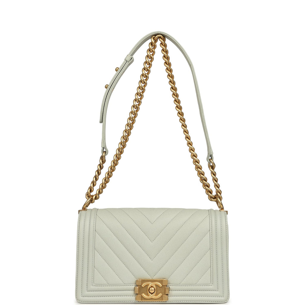 Pre-owned Chanel Medium Chevron Boy Bag Light Blue Caviar Antique Gold Hardware