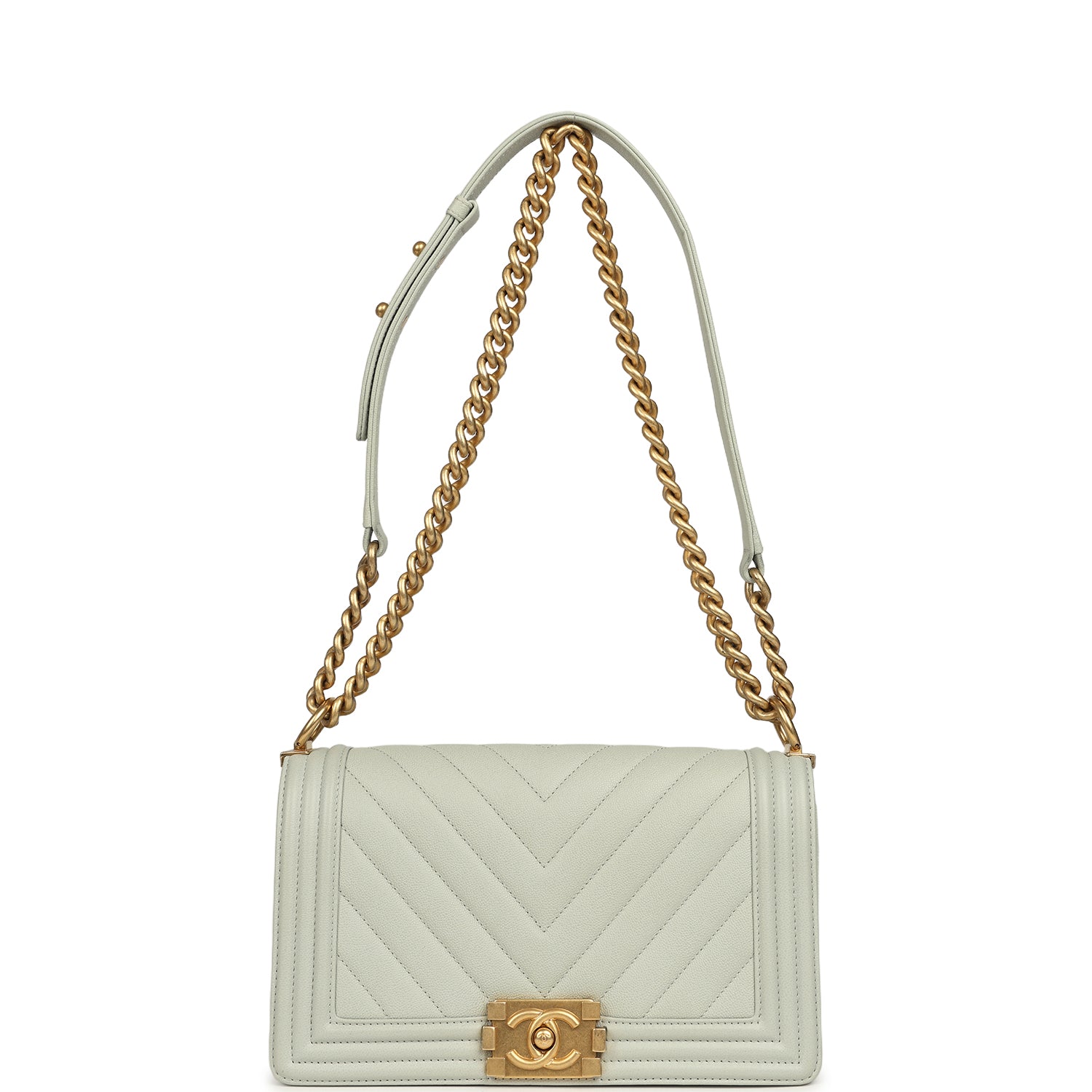 Pre-owned Chanel Medium Chevron Boy Bag Light Blue Caviar Antique Gold Hardware