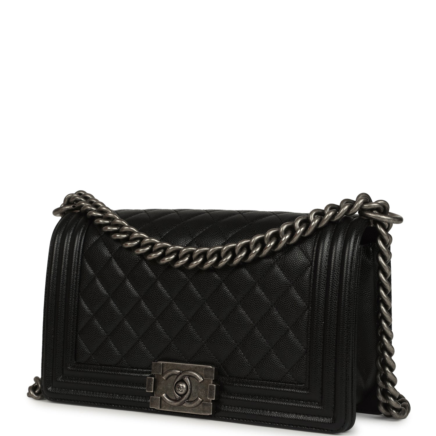 Pre-owned Chanel Medium Boy Bag Black Caviar Aged Ruthenium Hardware