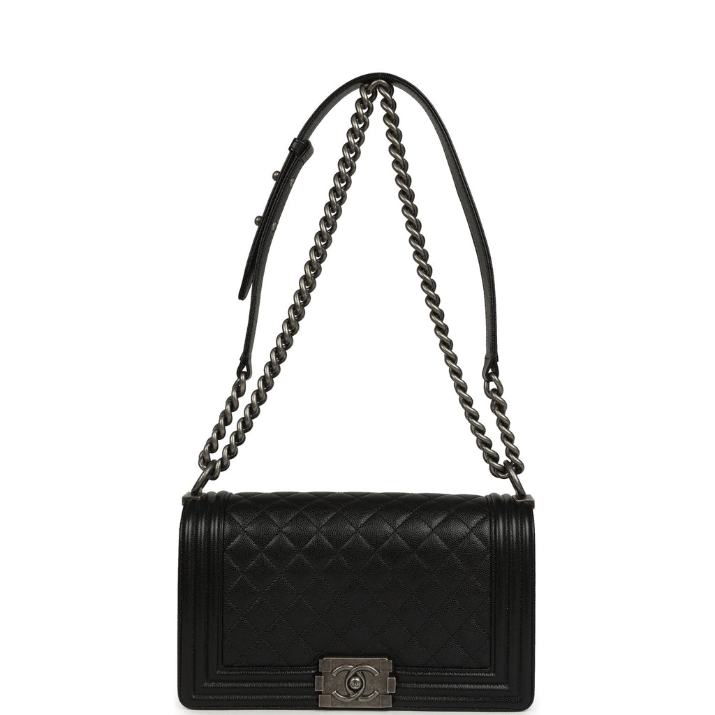 Pre-owned Chanel Medium Boy Bag Black Caviar Aged Ruthenium Hardware