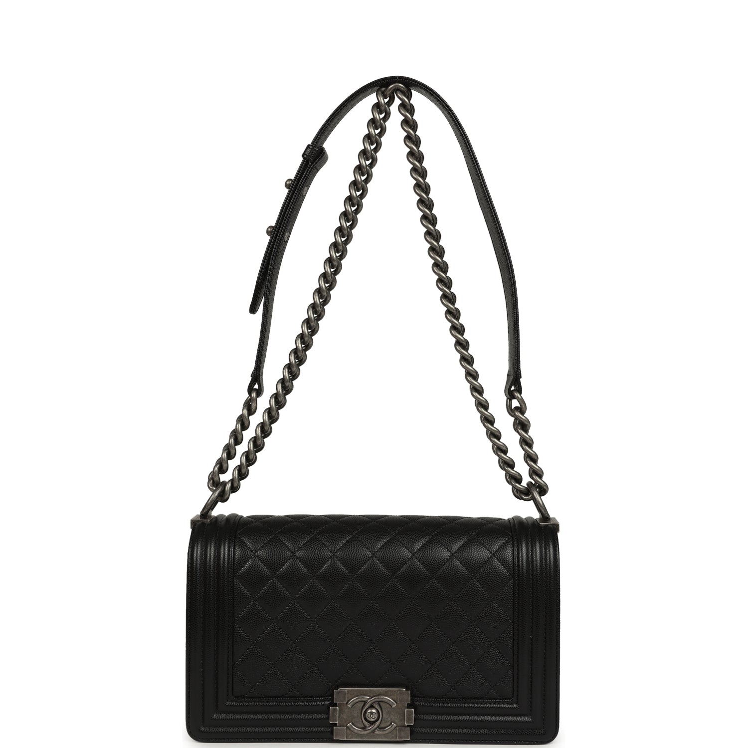 Pre-owned Chanel Medium Boy Bag Black Caviar Aged Ruthenium Hardware