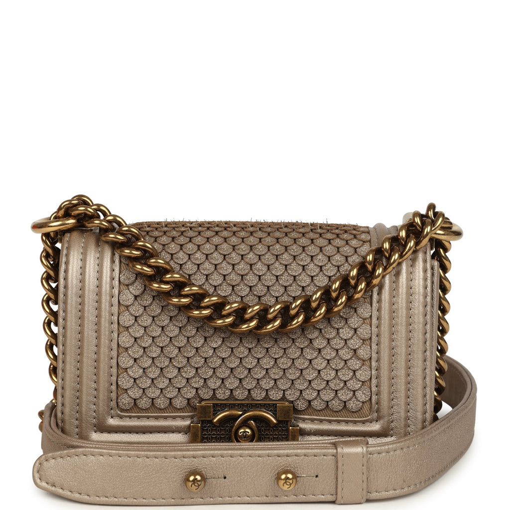 Pre-owned Chanel Mini "Scales" Boy Bag Light Gold Calfskin Antique Gold Hardware