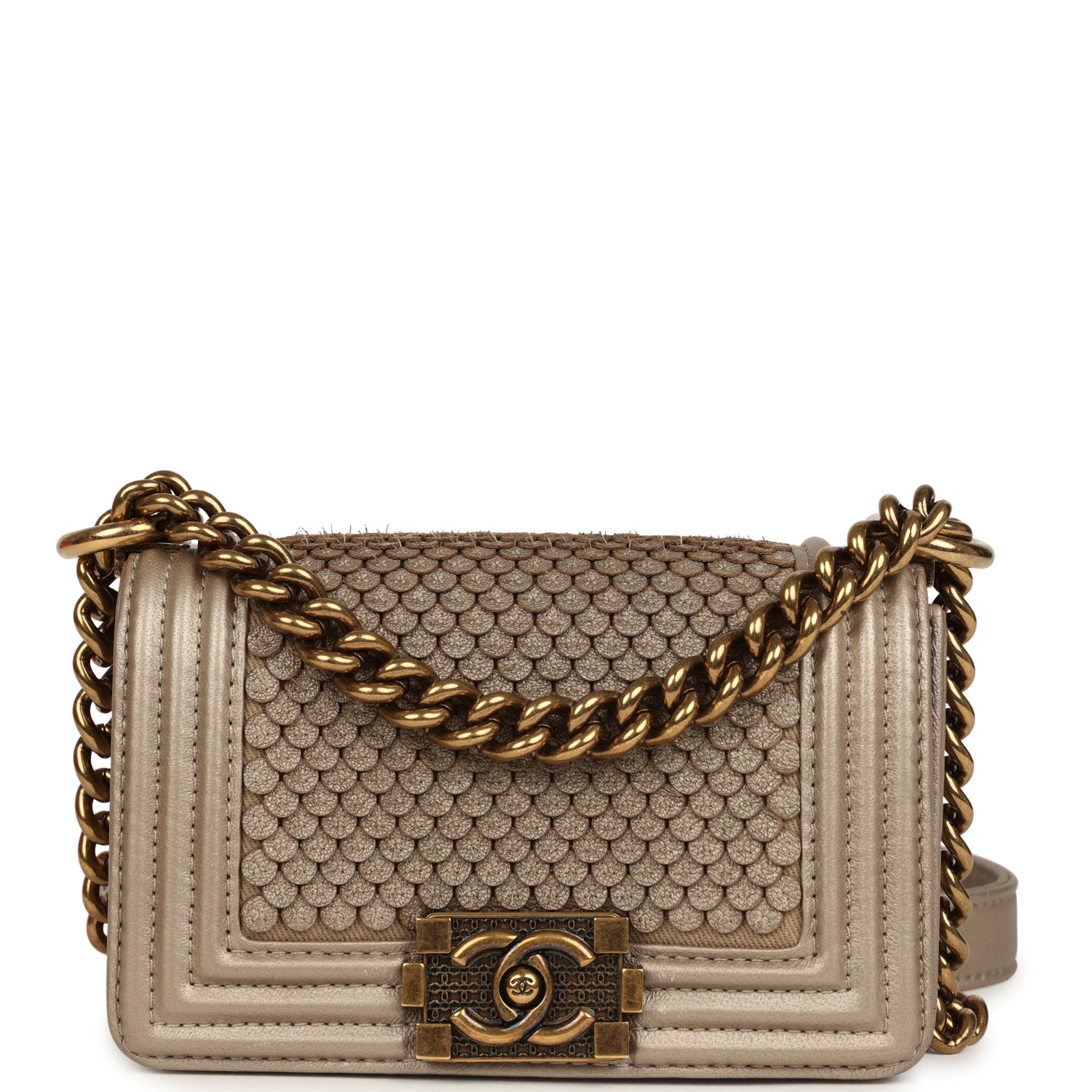 Pre-owned Chanel Mini "Scales" Boy Bag Light Gold Calfskin Antique Gold Hardware