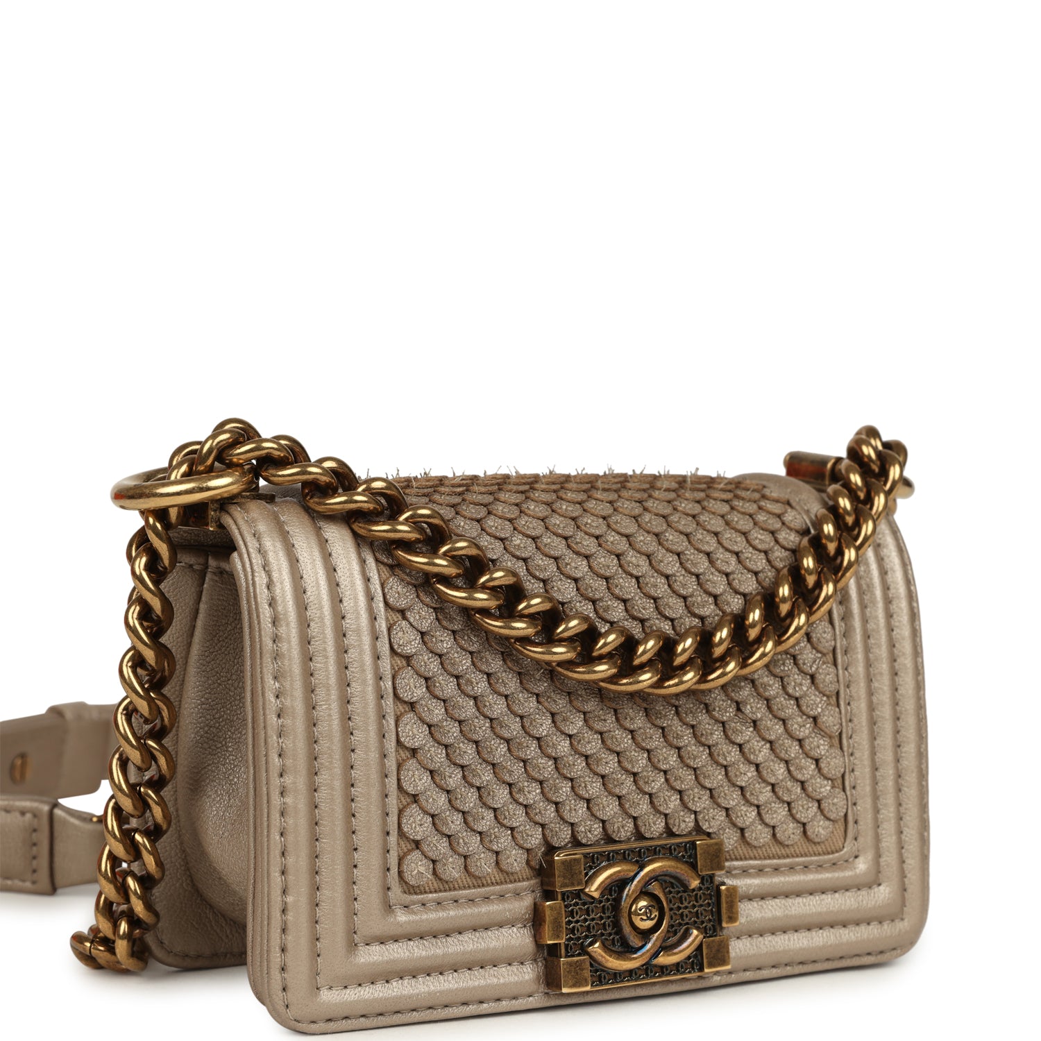 Pre-owned Chanel Mini "Scales" Boy Bag Light Gold Calfskin Antique Gold Hardware