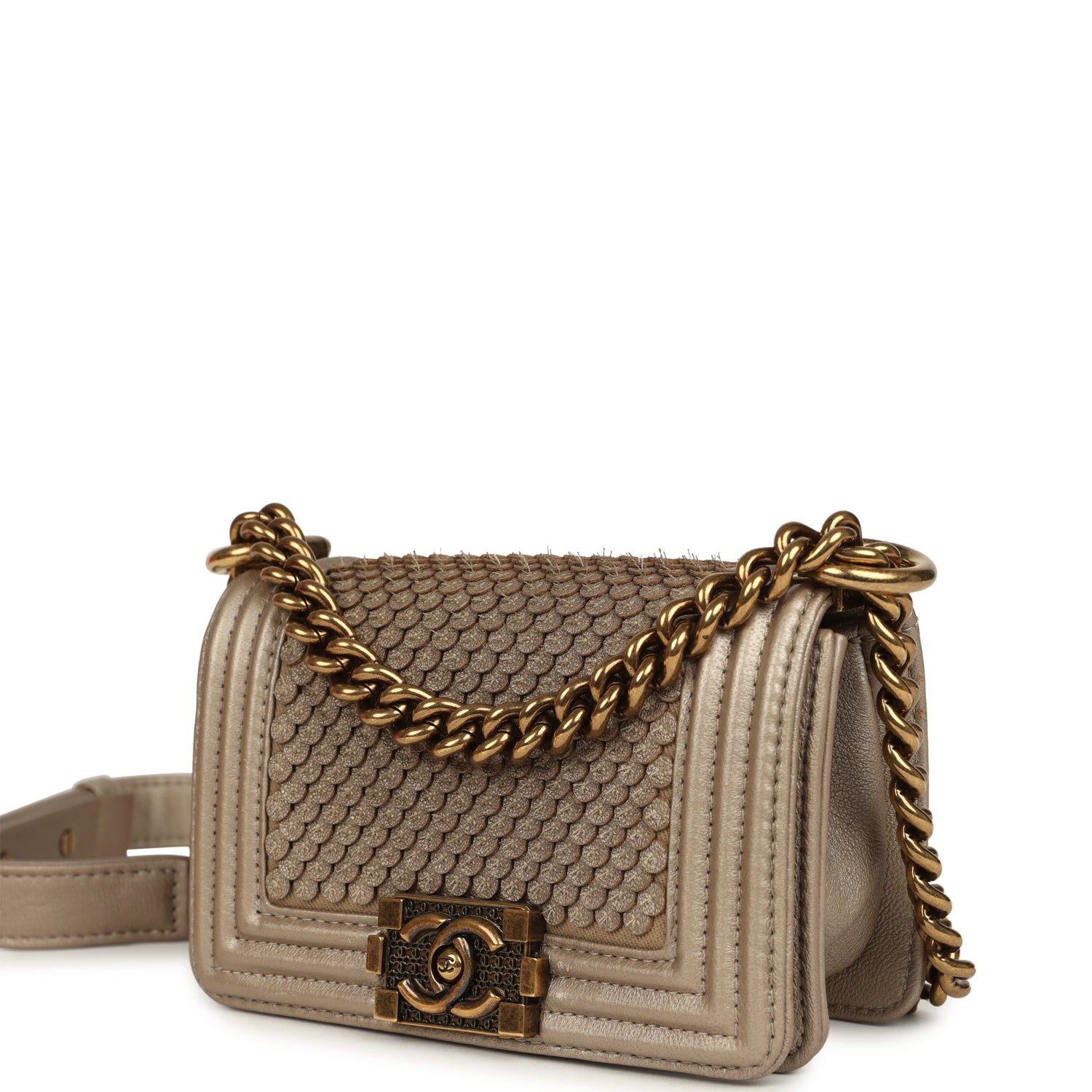 Pre-owned Chanel Mini "Scales" Boy Bag Light Gold Calfskin Antique Gold Hardware