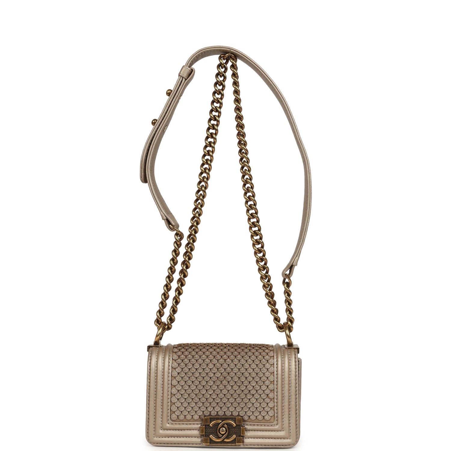 Pre-owned Chanel Mini "Scales" Boy Bag Light Gold Calfskin Antique Gold Hardware