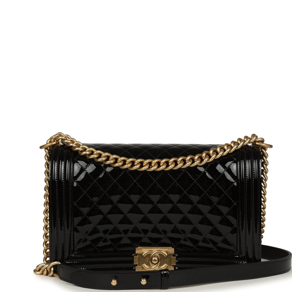 Chanel Medium Boy Bag Black Patent Antique Gold Hardware