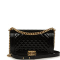 Chanel Medium Boy Bag Black Patent Antique Gold Hardware