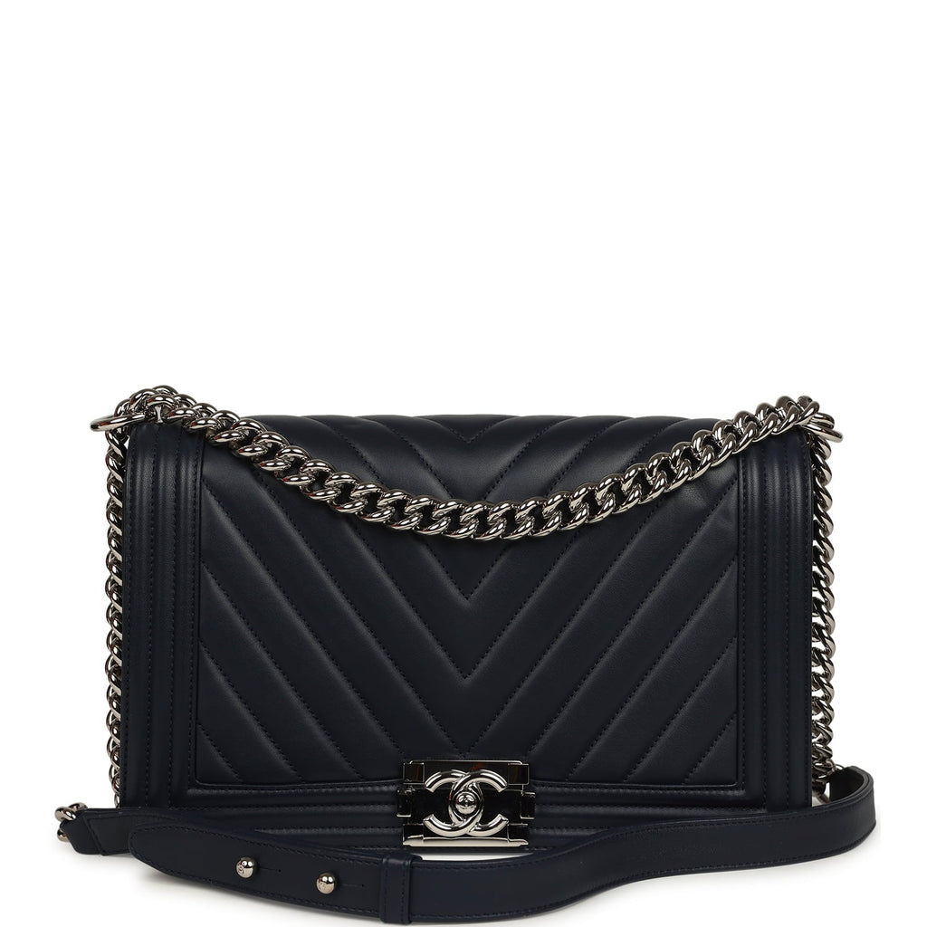 Pre-owned Chanel New Medium Chevron Boy Bag Navy Blue Calfskin Silver Hardware