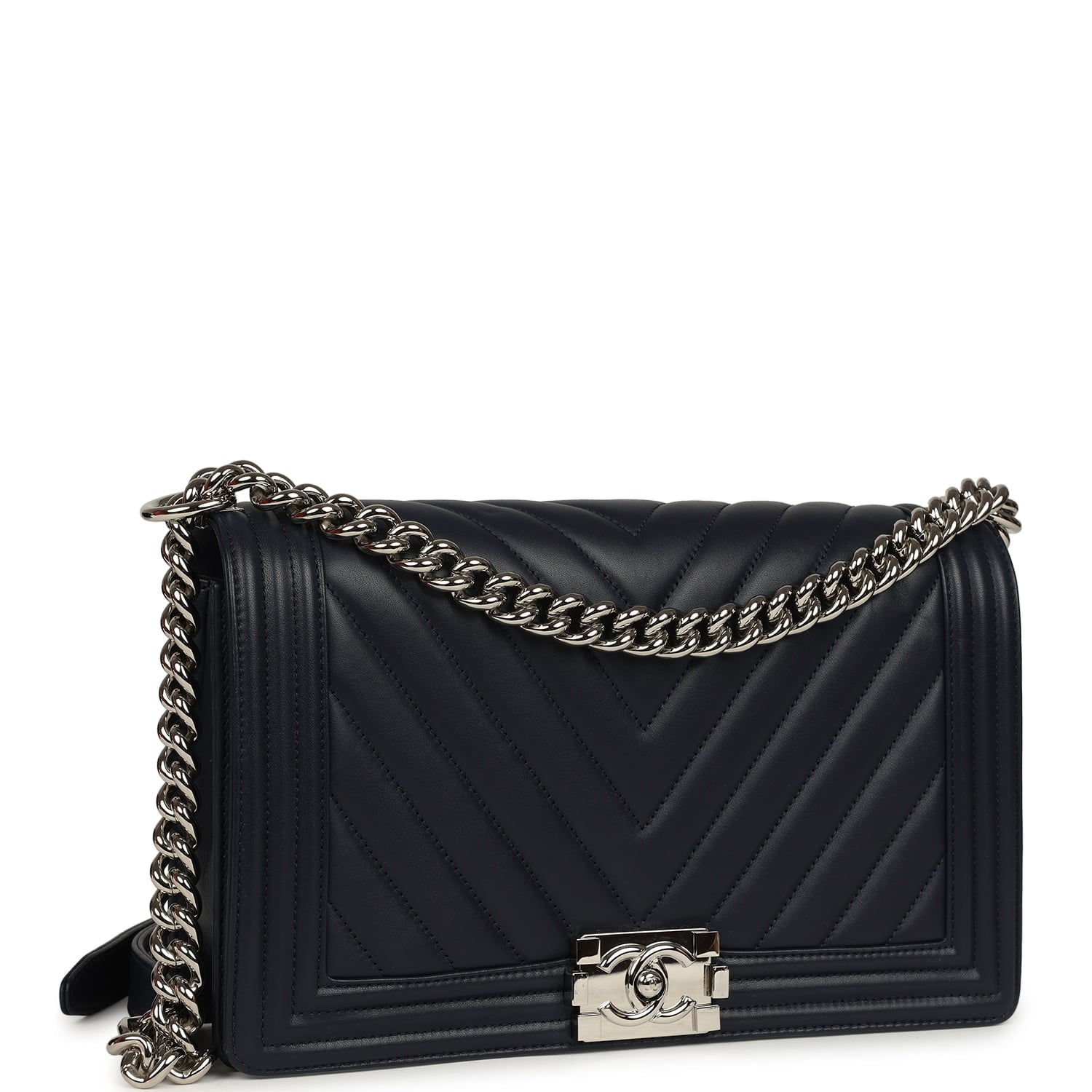 Pre-owned Chanel New Medium Chevron Boy Bag Navy Blue Calfskin Silver Hardware
