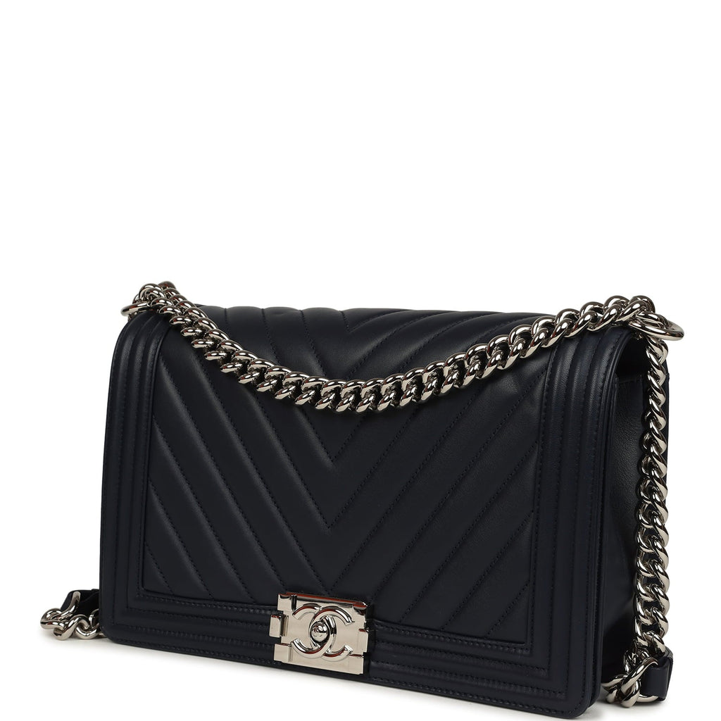Pre-owned Chanel New Medium Chevron Boy Bag Navy Blue Calfskin Silver Hardware
