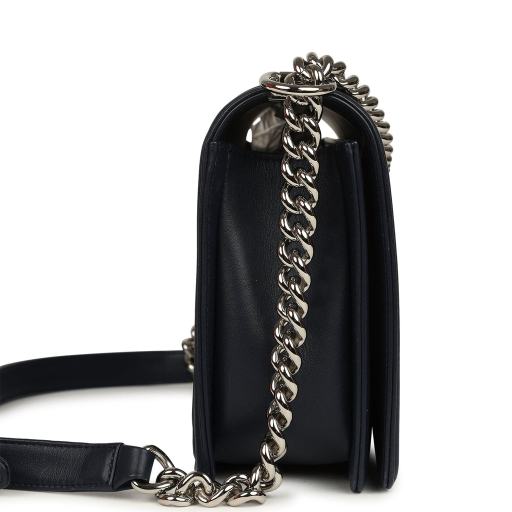 Pre-owned Chanel New Medium Chevron Boy Bag Navy Blue Calfskin Silver Hardware