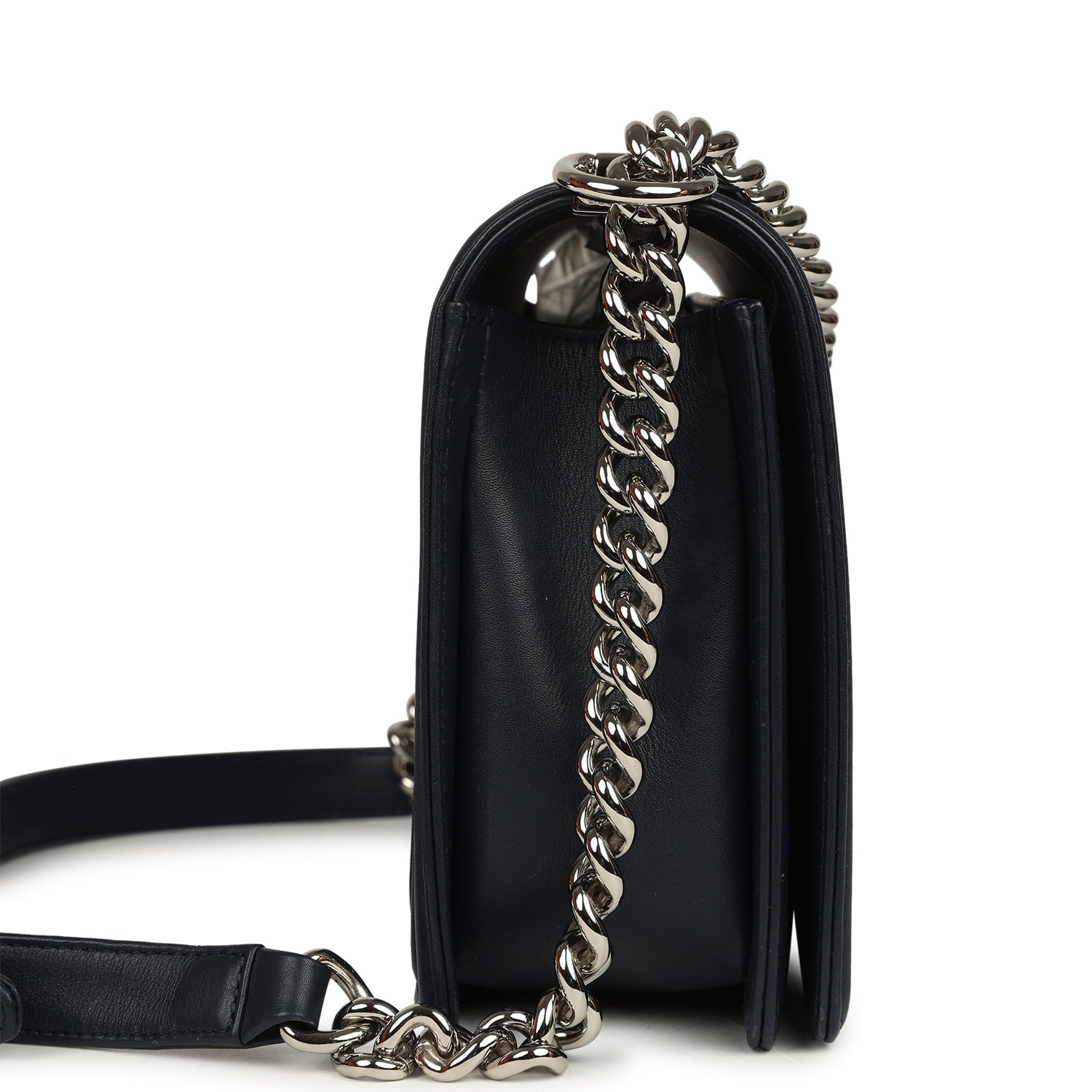Pre-owned Chanel New Medium Chevron Boy Bag Navy Blue Calfskin Silver Hardware