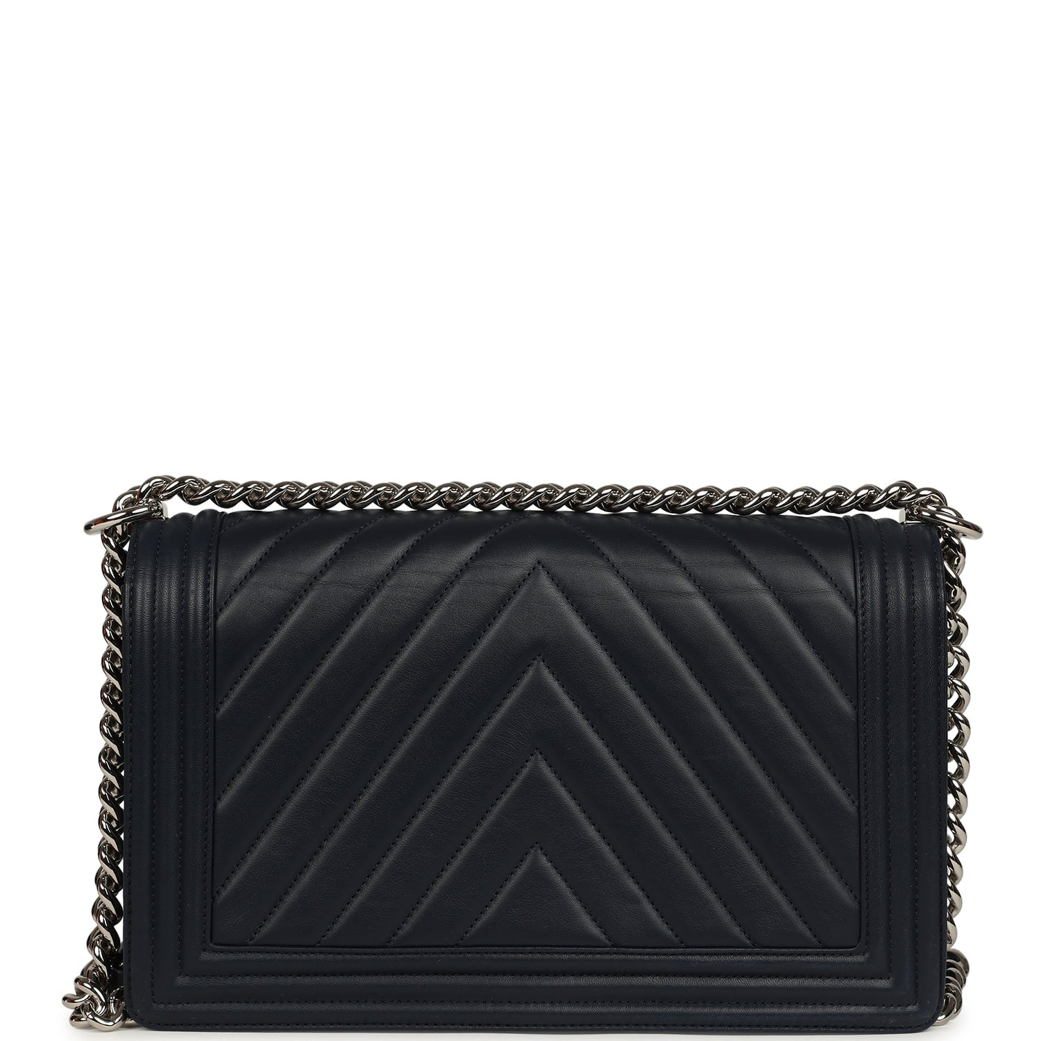 Pre-owned Chanel New Medium Chevron Boy Bag Navy Blue Calfskin Silver Hardware